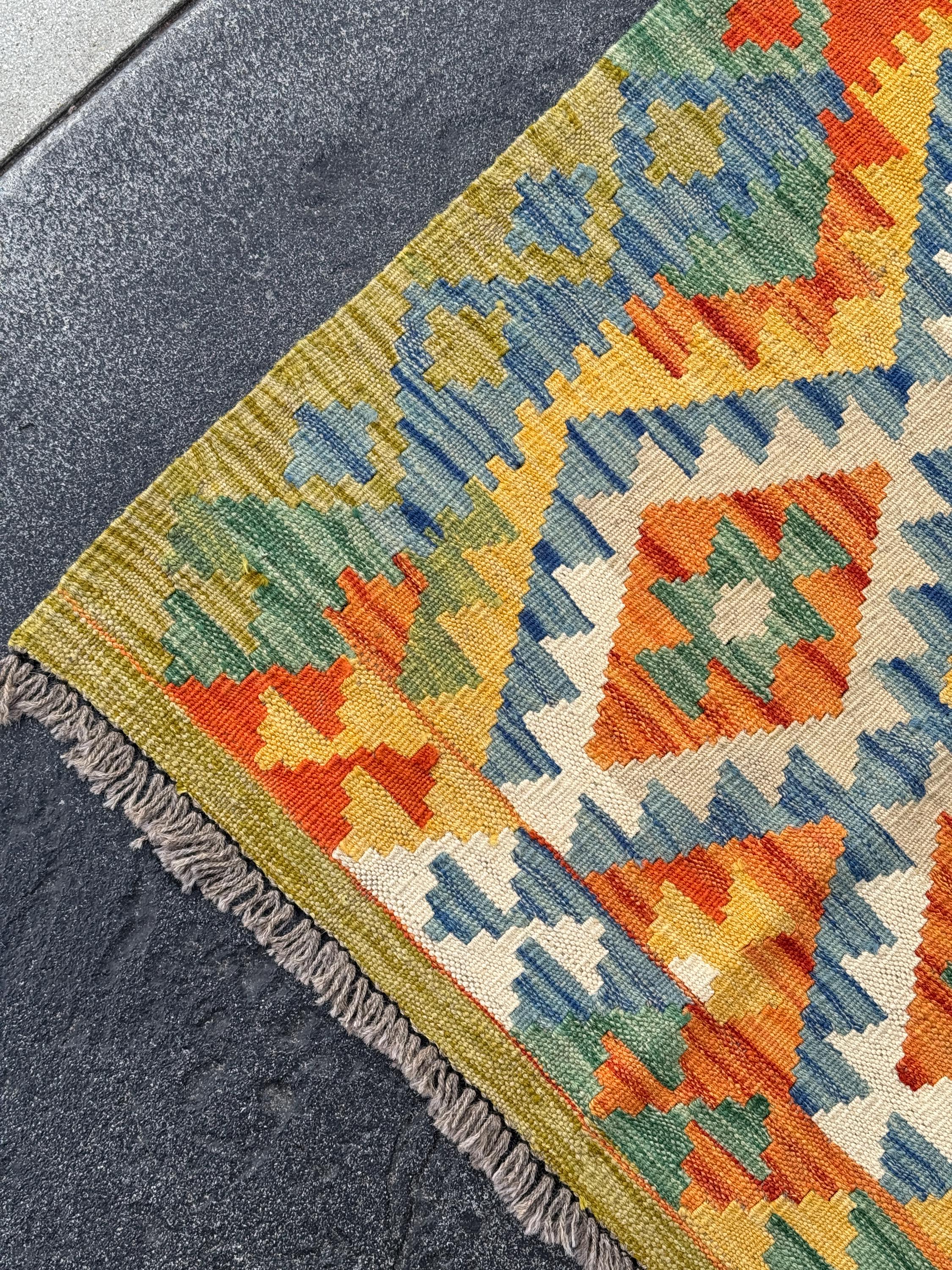 3x7 (90x213) Handmade Afghan Kilim Runner Rug | Olive Moss Forest Pine Green Denim Blue Cream Gold Mustard Yellow Orange | Wool Flatweave