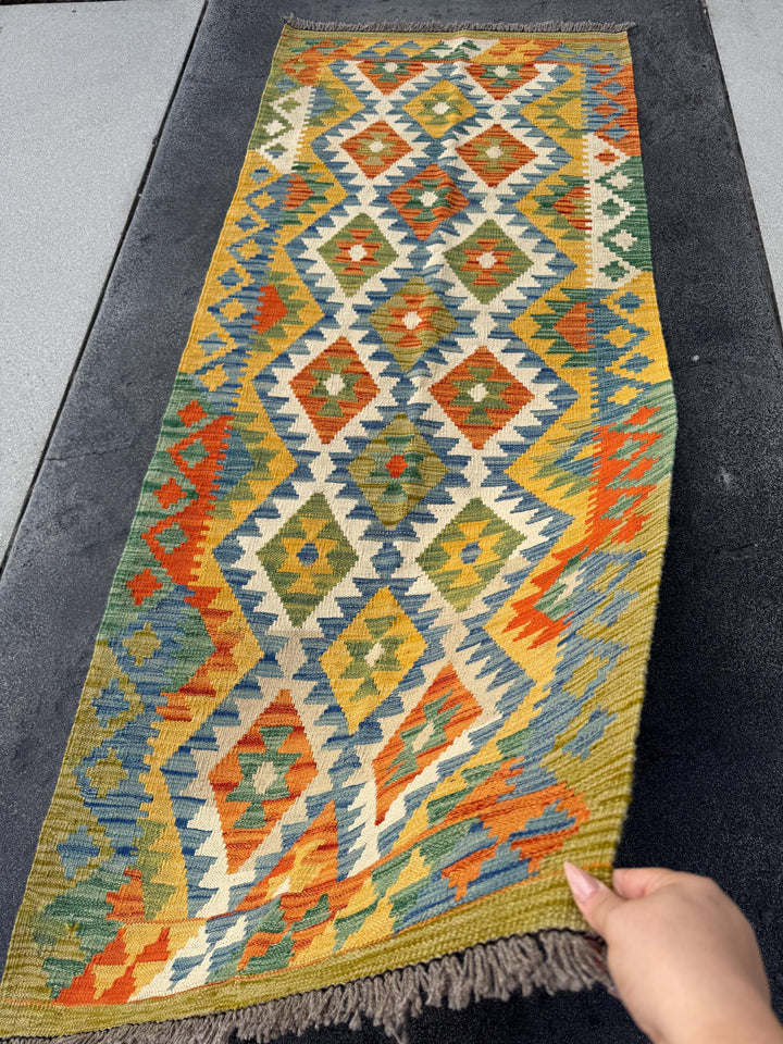 3x7 (90x213) Handmade Afghan Kilim Runner Rug | Olive Moss Forest Pine Green Denim Blue Cream Gold Mustard Yellow Orange | Wool Flatweave