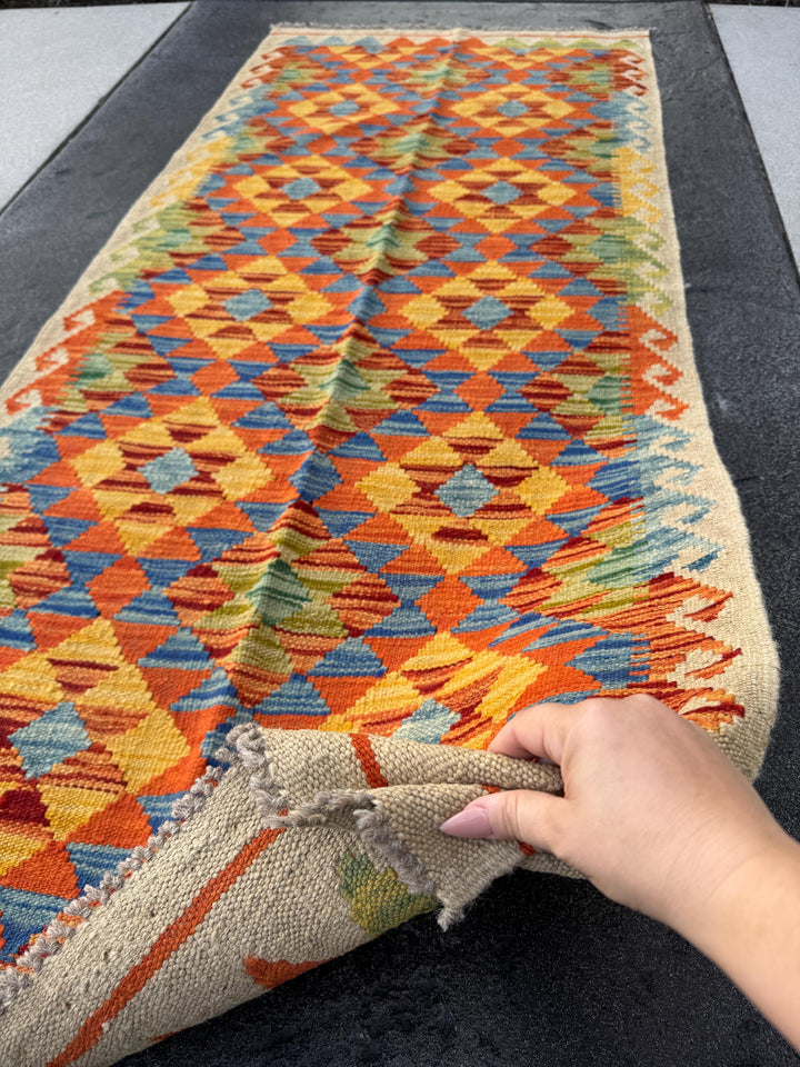 3x7 Handmade Afghan Kilim Runner Rug | Sand Cream Tan Brown Brick Maroon Red Burnt Orange Gold Mustard Yellow Olive Moss Green Denim Blue