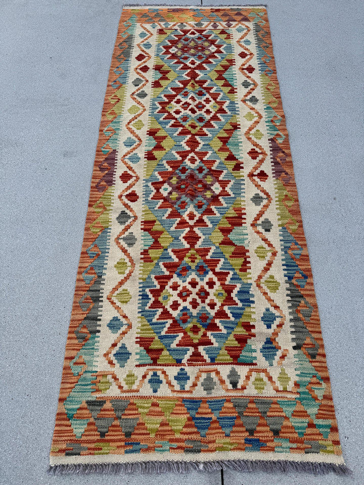 2-3x7 (76x213) Handmade Afghan Kilim Runner Rug | Orange Cream Blood Crimson Red Grey Denim Sky Blue White Moss Olive Green Eggplant Purple