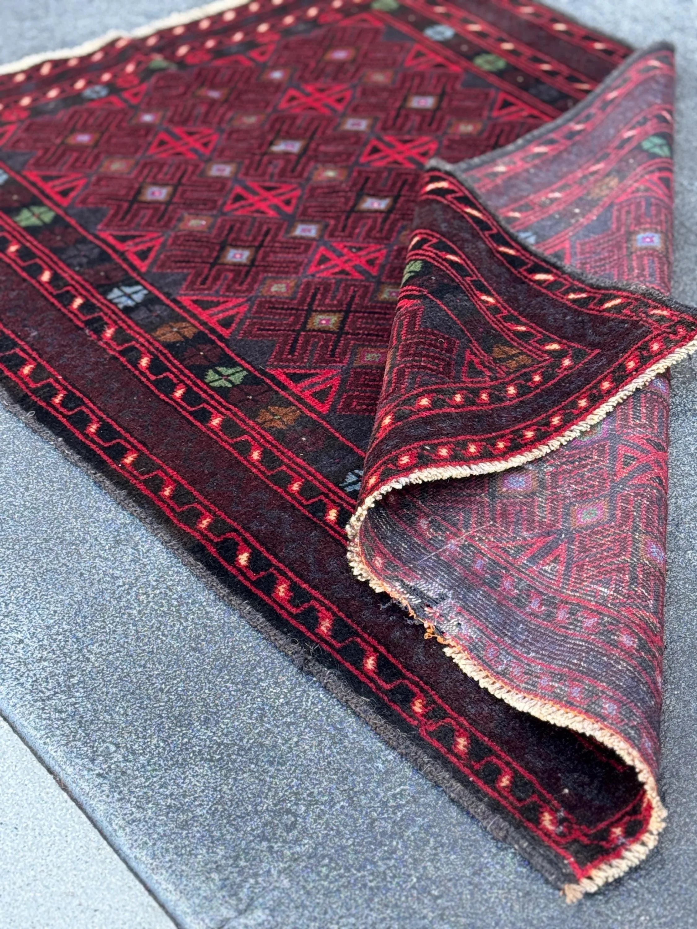 3x4 (91x121) Handmade Vintage Afghan Baluch Rug | Burgundy Wine Crimson Red Mint Green Powder Blue Grey Black Rust Fuchsia Pink White | Wool