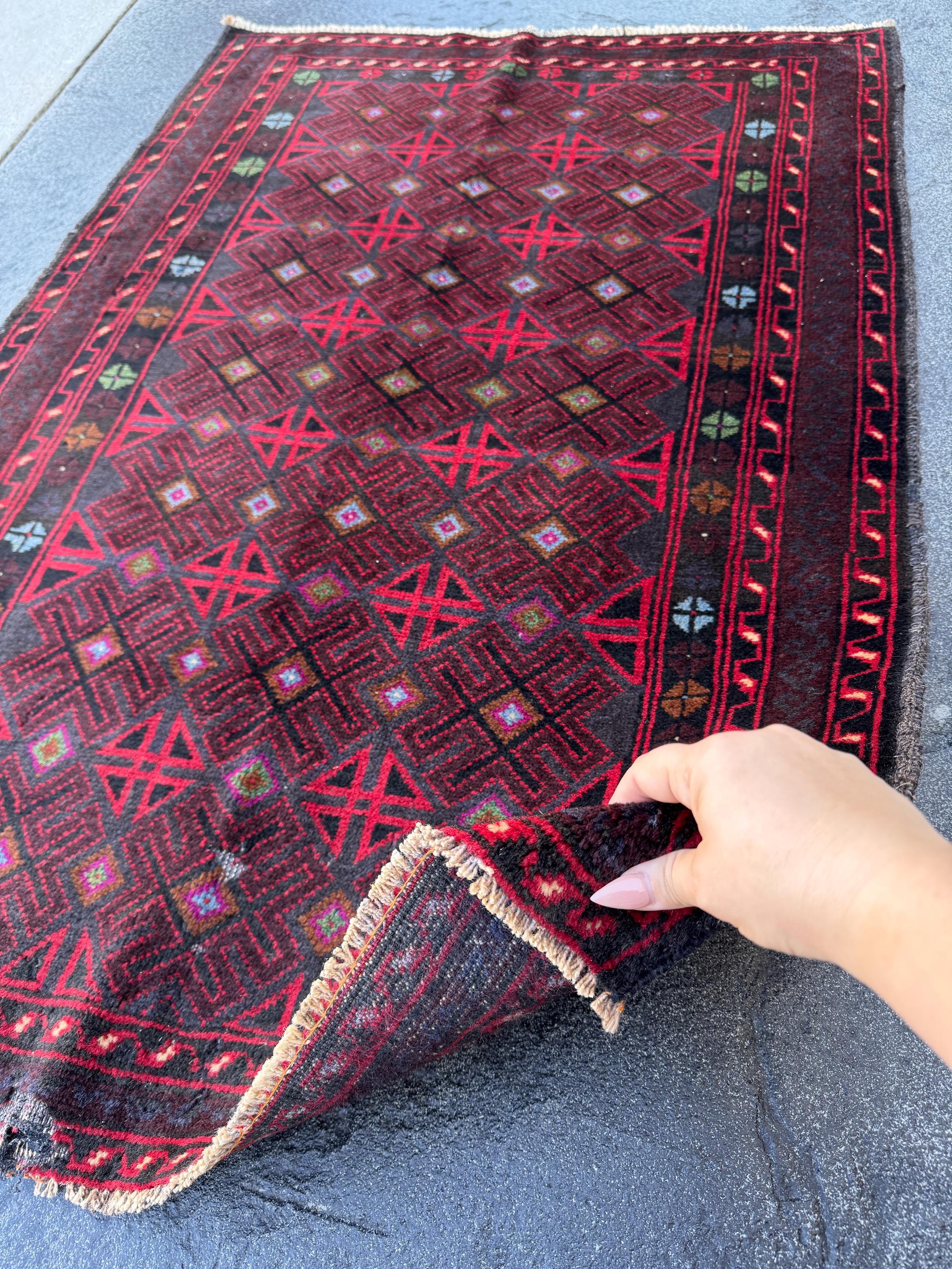 3x4 (91x121) Handmade Vintage Afghan Baluch Rug | Burgundy Wine Crimson Red Mint Green Powder Blue Grey Black Rust Fuchsia Pink White | Wool