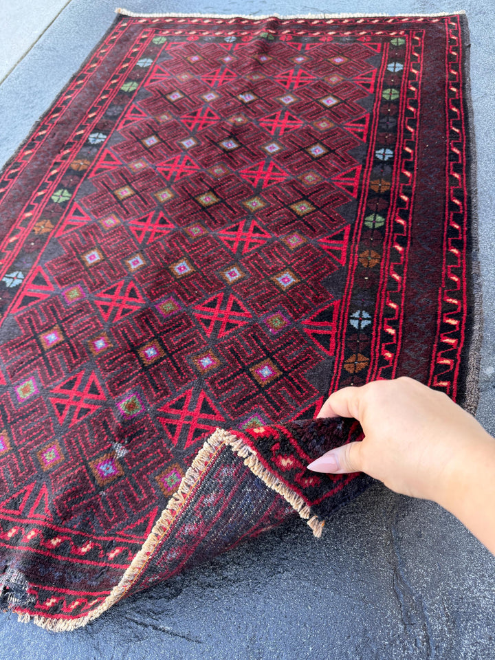 3x4 (91x121) Handmade Vintage Afghan Baluch Rug | Burgundy Wine Crimson Red Mint Green Powder Blue Grey Black Rust Fuchsia Pink White | Wool