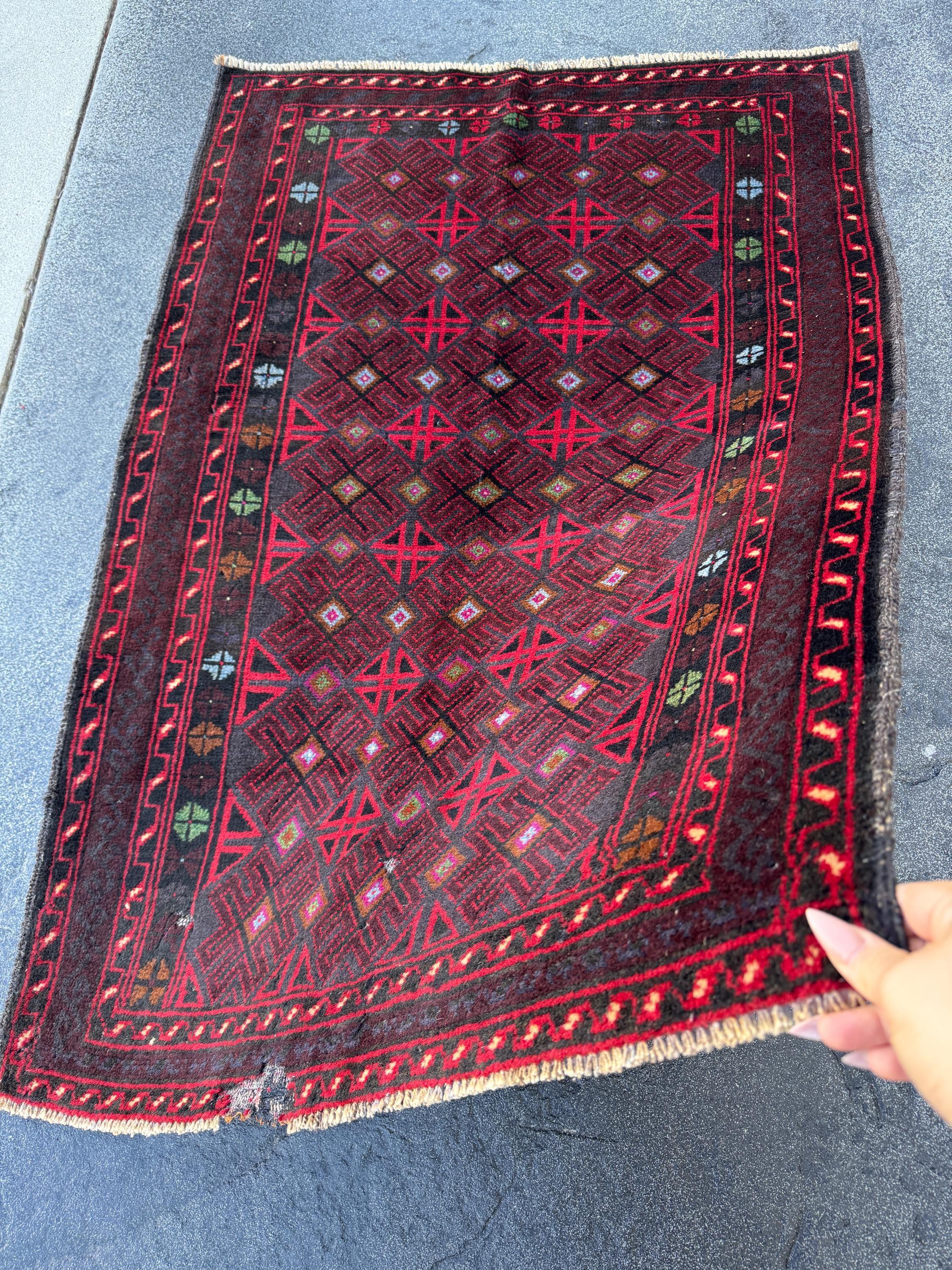 3x4 (91x121) Handmade Vintage Afghan Baluch Rug | Burgundy Wine Crimson Red Mint Green Powder Blue Grey Black Rust Fuchsia Pink White | Wool