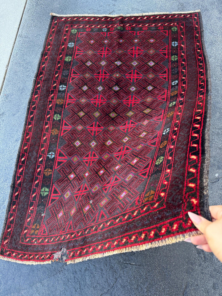 3x4 (91x121) Handmade Vintage Afghan Baluch Rug | Burgundy Wine Crimson Red Mint Green Powder Blue Grey Black Rust Fuchsia Pink White | Wool