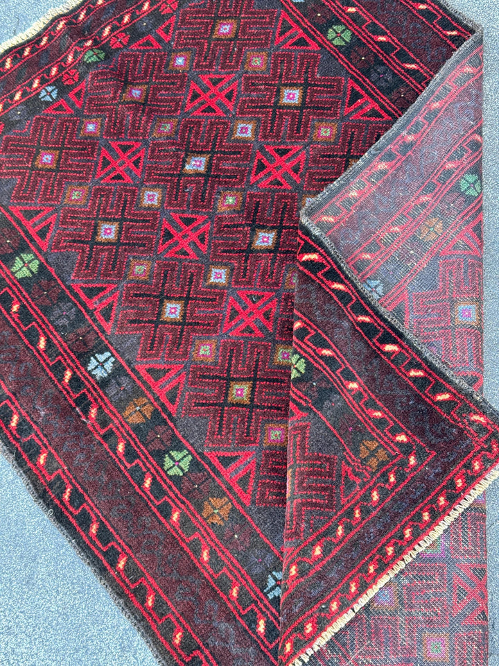 3x4 (91x121) Handmade Vintage Afghan Baluch Rug | Burgundy Wine Crimson Red Mint Green Powder Blue Grey Black Rust Fuchsia Pink White | Wool