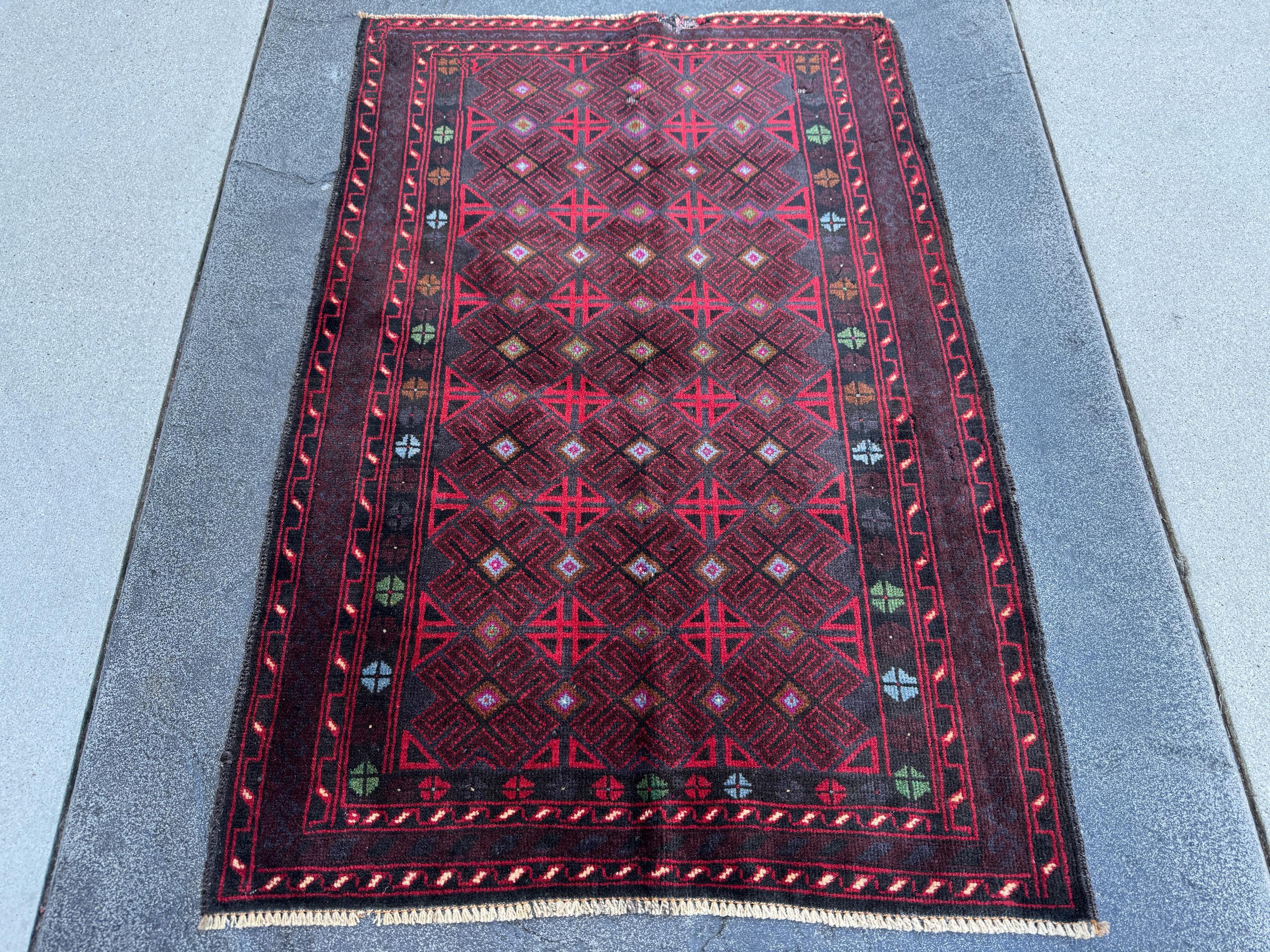 3x4 (91x121) Handmade Vintage Afghan Baluch Rug | Burgundy Wine Crimson Red Mint Green Powder Blue Grey Black Rust Fuchsia Pink White | Wool