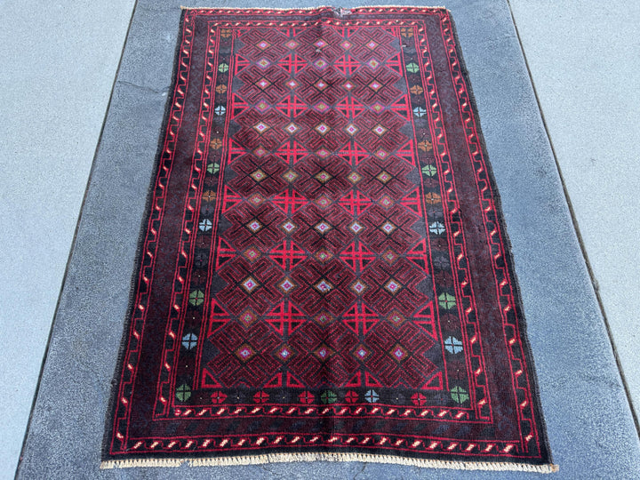 3x4 (91x121) Handmade Vintage Afghan Baluch Rug | Burgundy Wine Crimson Red Mint Green Powder Blue Grey Black Rust Fuchsia Pink White | Wool