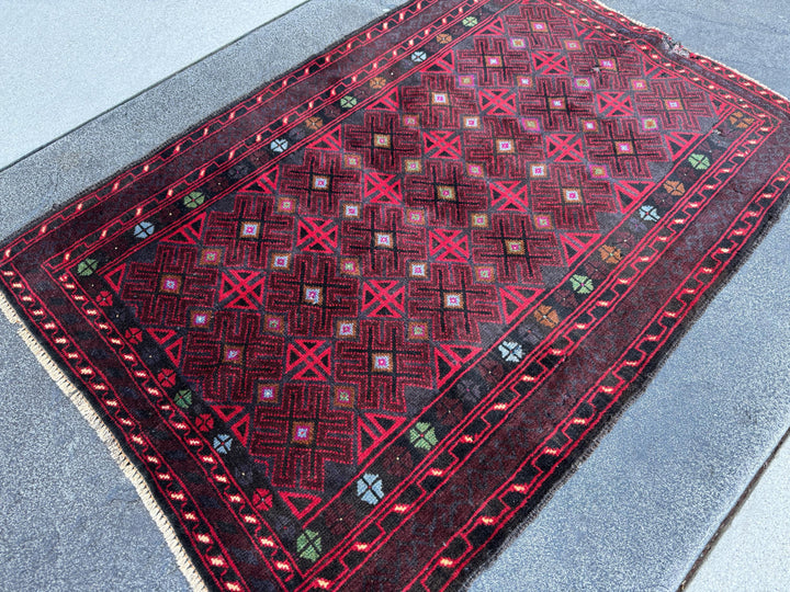 3x4 (91x121) Handmade Vintage Afghan Baluch Rug | Burgundy Wine Crimson Red Mint Green Powder Blue Grey Black Rust Fuchsia Pink White | Wool
