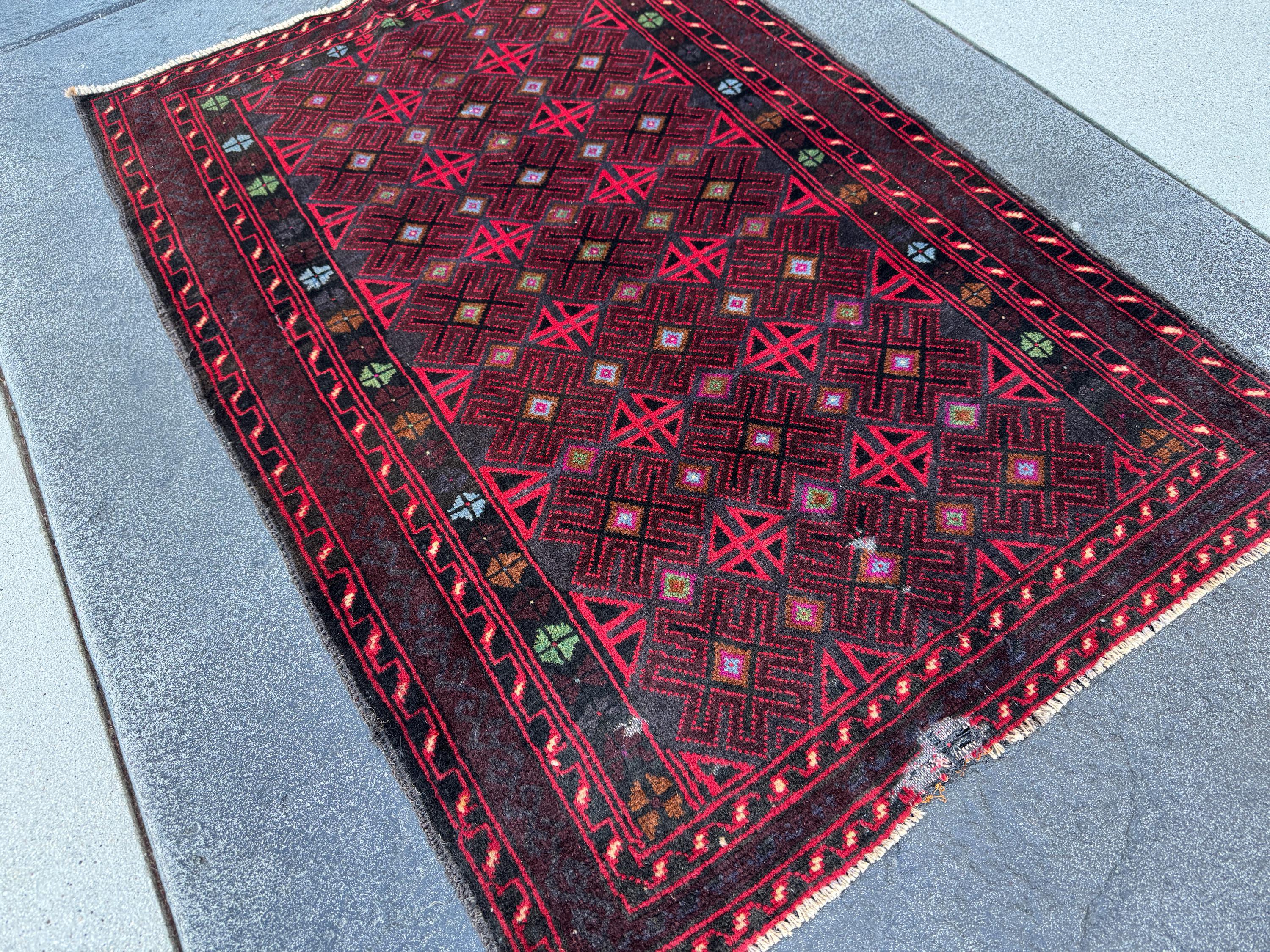 3x4 (91x121) Handmade Vintage Afghan Baluch Rug | Burgundy Wine Crimson Red Mint Green Powder Blue Grey Black Rust Fuchsia Pink White | Wool