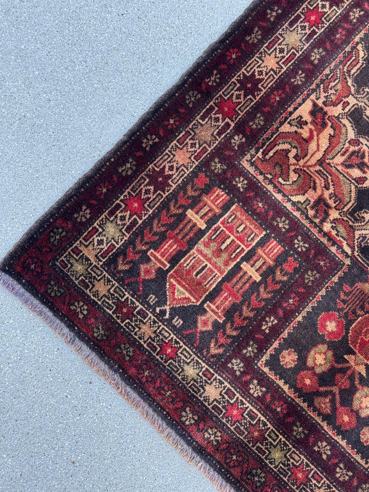 3x4 (91x121) Handmade Vintage Afghan Baluch Rug | Wine Burgundy Crimson Red Sand Cream Tan Gold Brown Moss Green | Wool Traditional