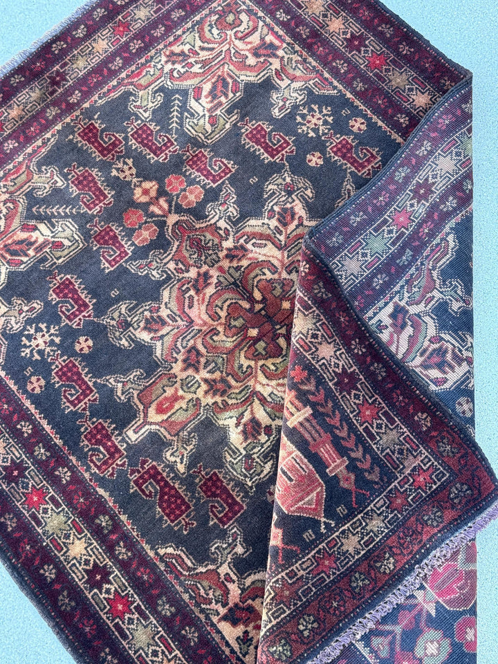 3x4 (91x121) Handmade Vintage Afghan Baluch Rug | Wine Burgundy Crimson Red Sand Cream Tan Gold Brown Moss Green | Wool Traditional
