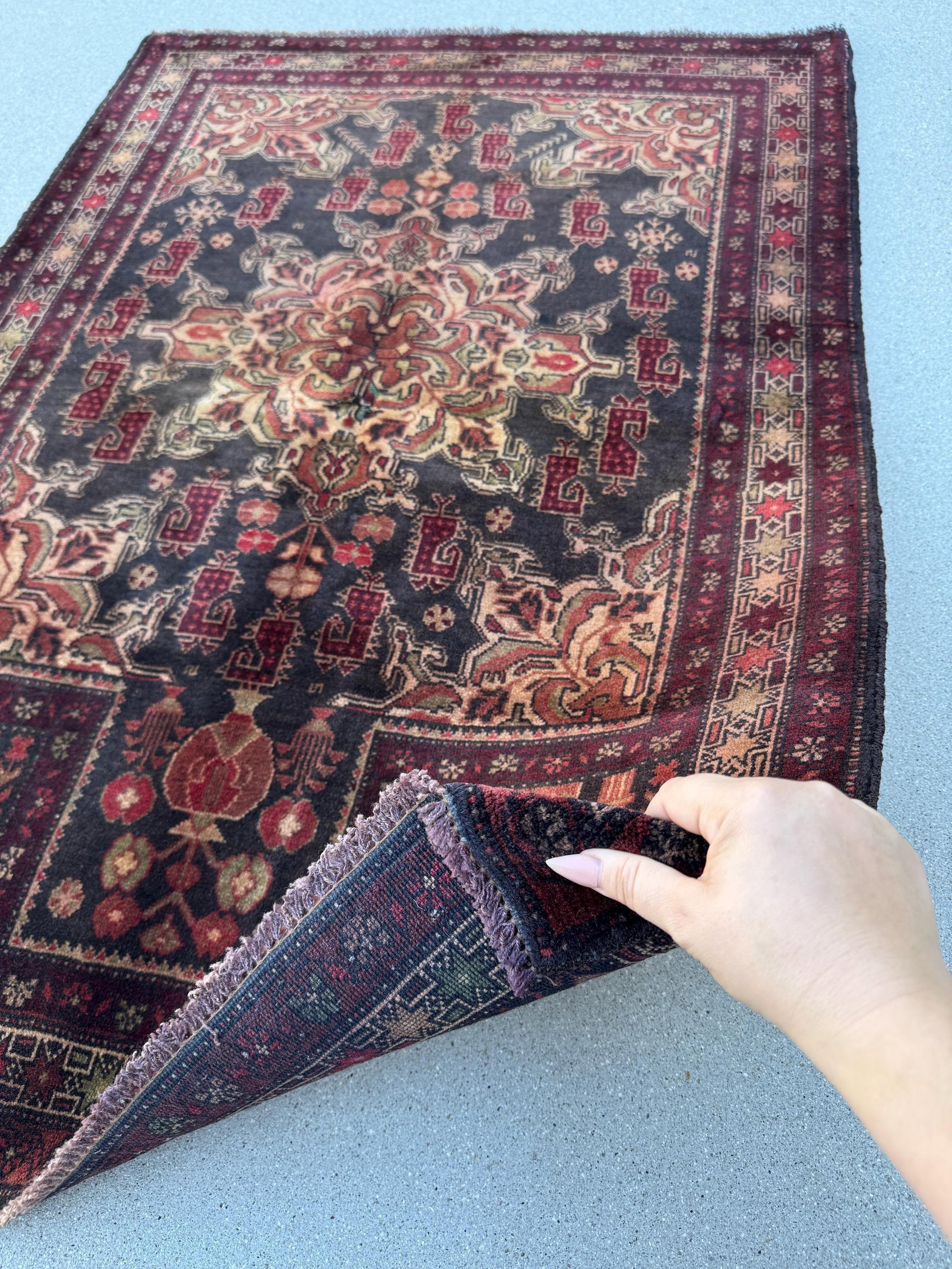 3x4 (91x121) Handmade Vintage Afghan Baluch Rug | Wine Burgundy Crimson Red Sand Cream Tan Gold Brown Moss Green | Wool Traditional