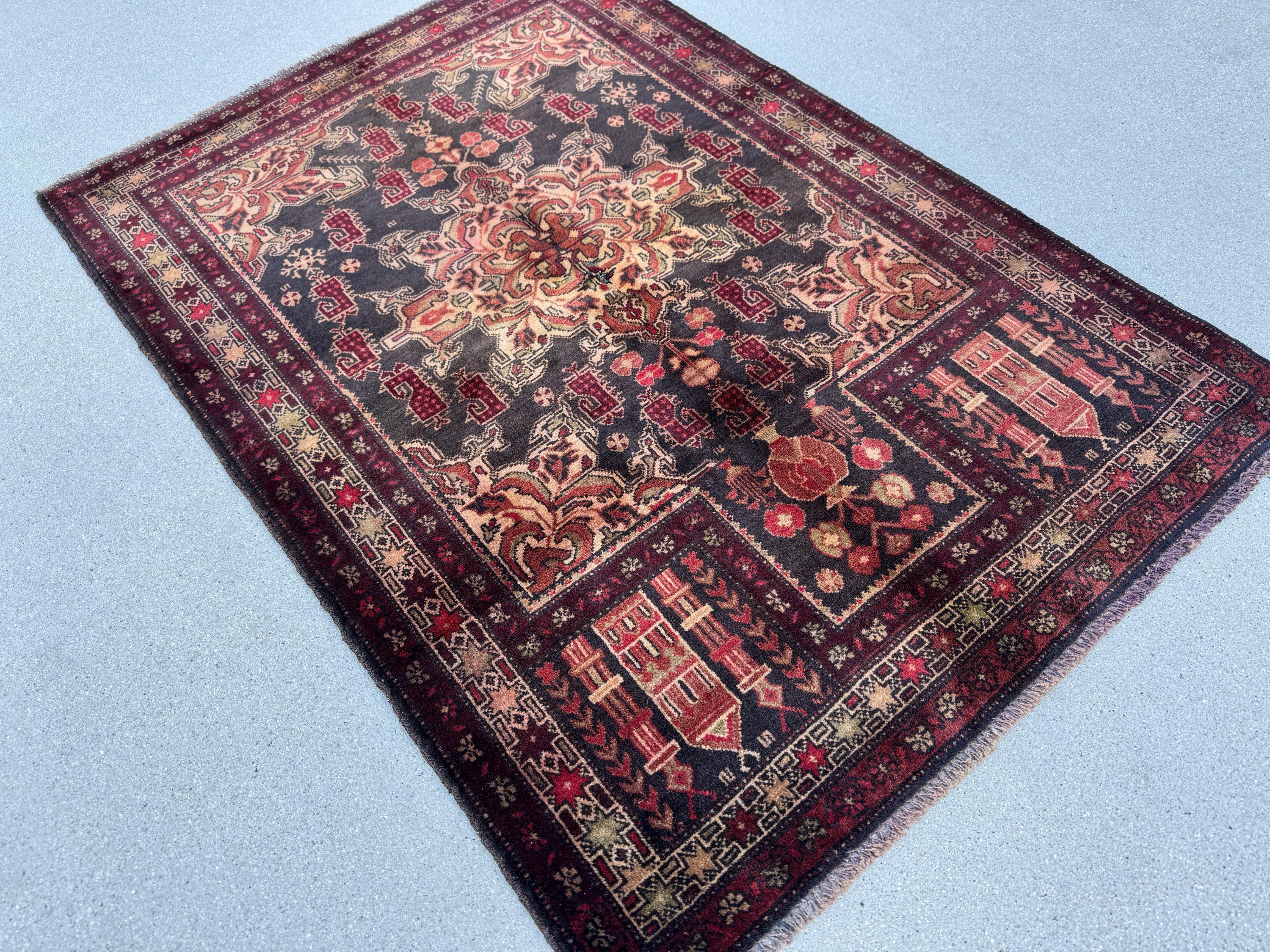 3x4 (91x121) Handmade Vintage Afghan Baluch Rug | Wine Burgundy Crimson Red Sand Cream Tan Gold Brown Moss Green | Wool Traditional
