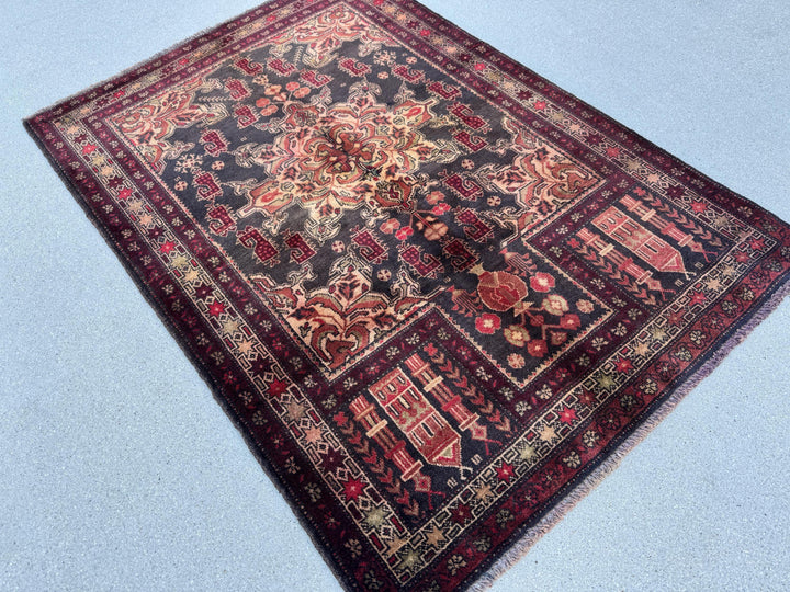 3x4 (91x121) Handmade Vintage Afghan Baluch Rug | Wine Burgundy Crimson Red Sand Cream Tan Gold Brown Moss Green | Wool Traditional