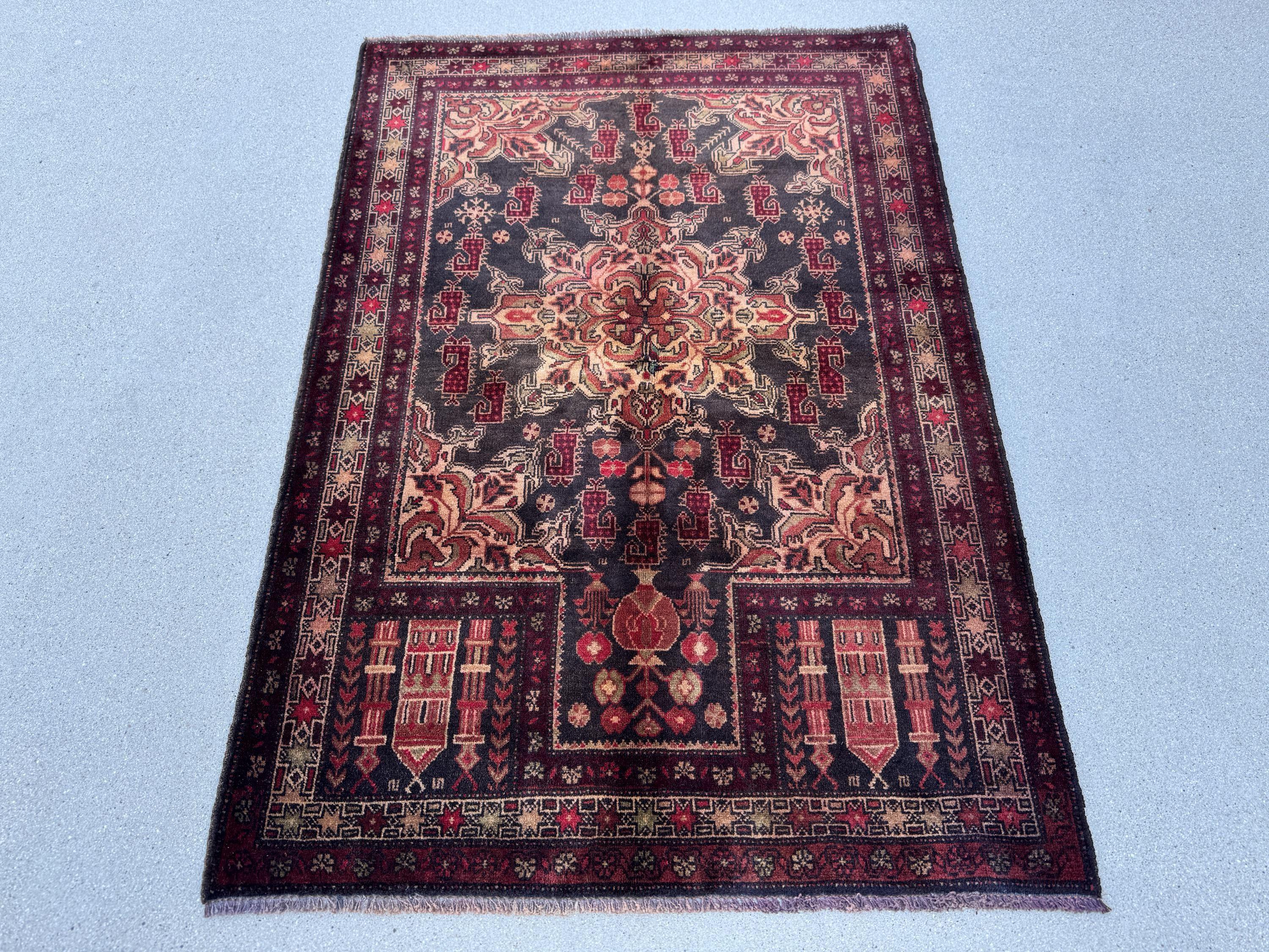 3x4 (91x121) Handmade Vintage Afghan Baluch Rug | Wine Burgundy Crimson Red Sand Cream Tan Gold Brown Moss Green | Wool Traditional
