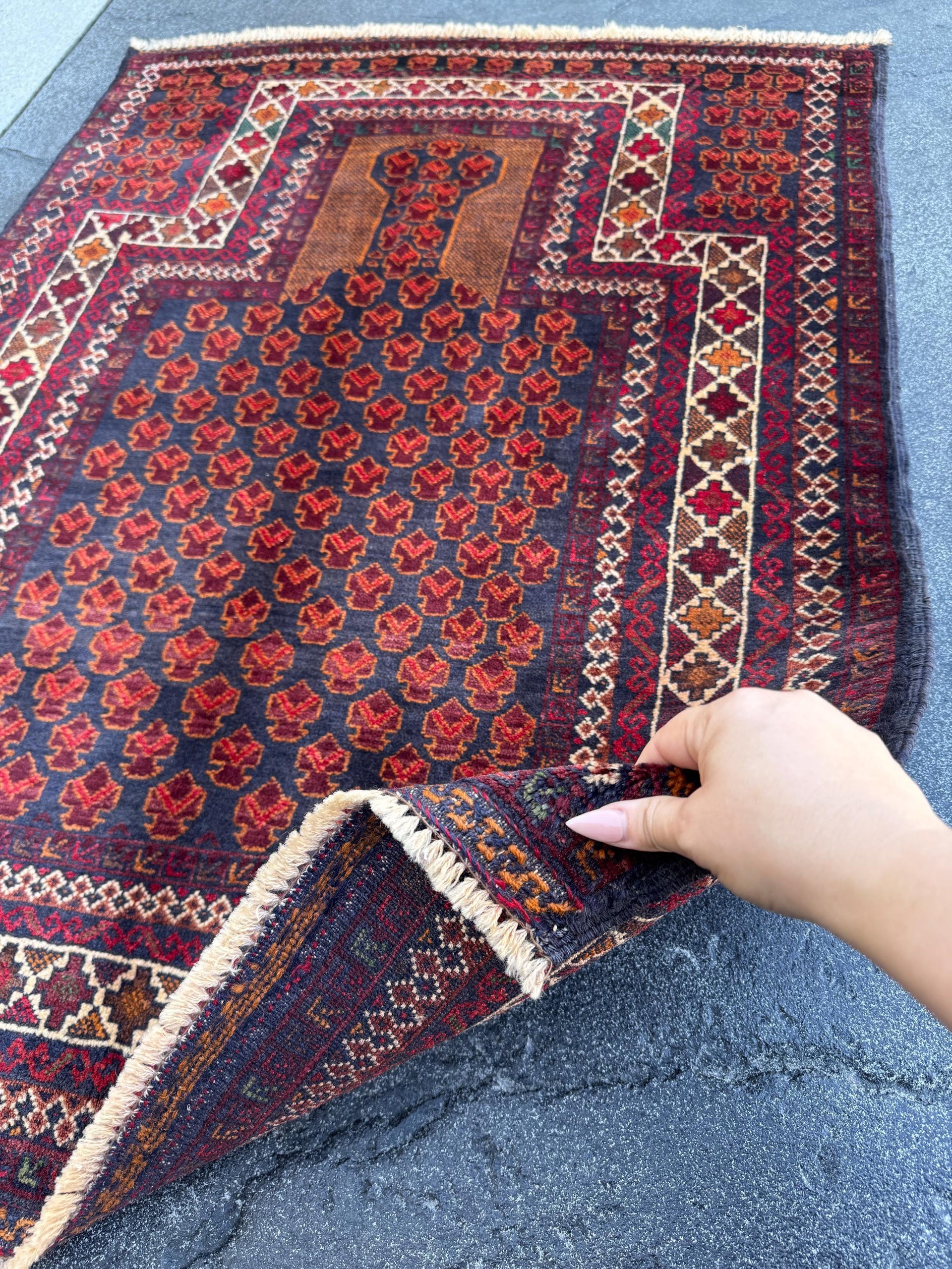 3x4 (91x121) Handmade Vintage Afghan Baluch Rug | Wine Burgundy Blood Auburn Red Gold Saffron Rust Orange Midnight Blue Brown White | Wool