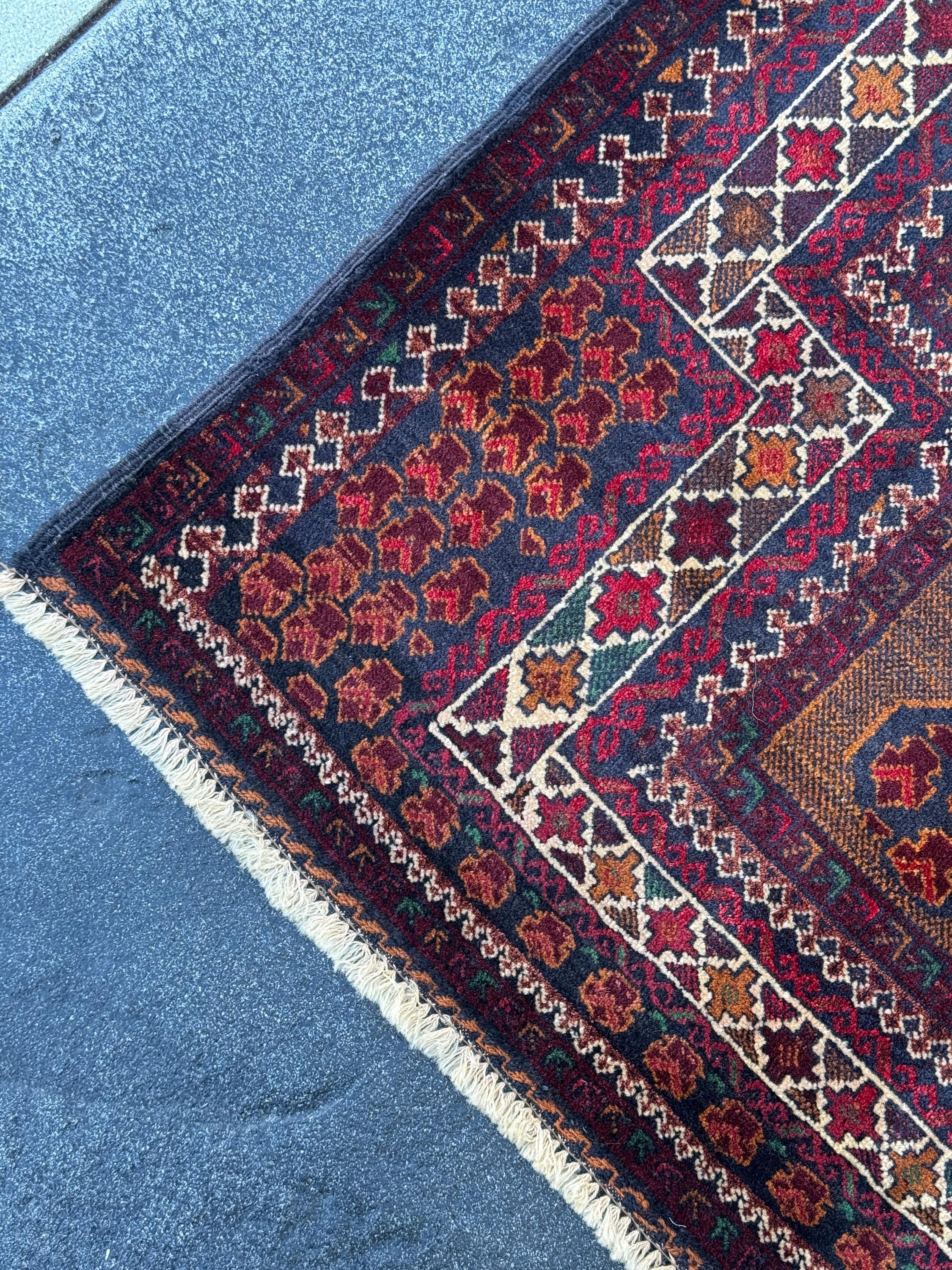 3x4 (91x121) Handmade Vintage Afghan Baluch Rug | Wine Burgundy Blood Auburn Red Gold Saffron Rust Orange Midnight Blue Brown White | Wool