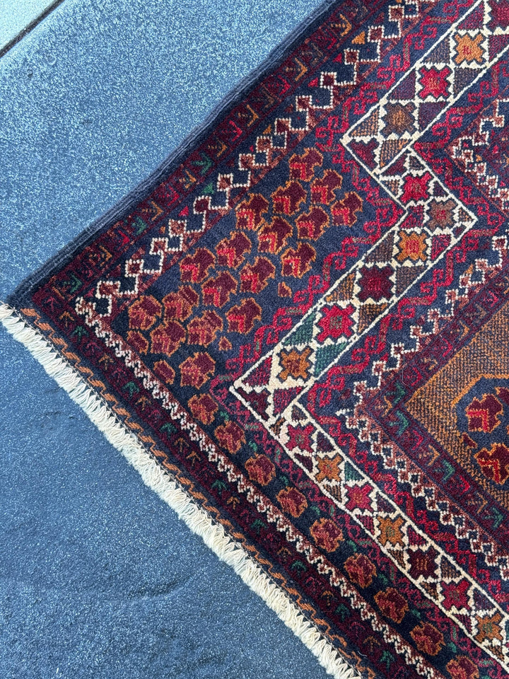 3x4 (91x121) Handmade Vintage Afghan Baluch Rug | Wine Burgundy Blood Auburn Red Gold Saffron Rust Orange Midnight Blue Brown White | Wool