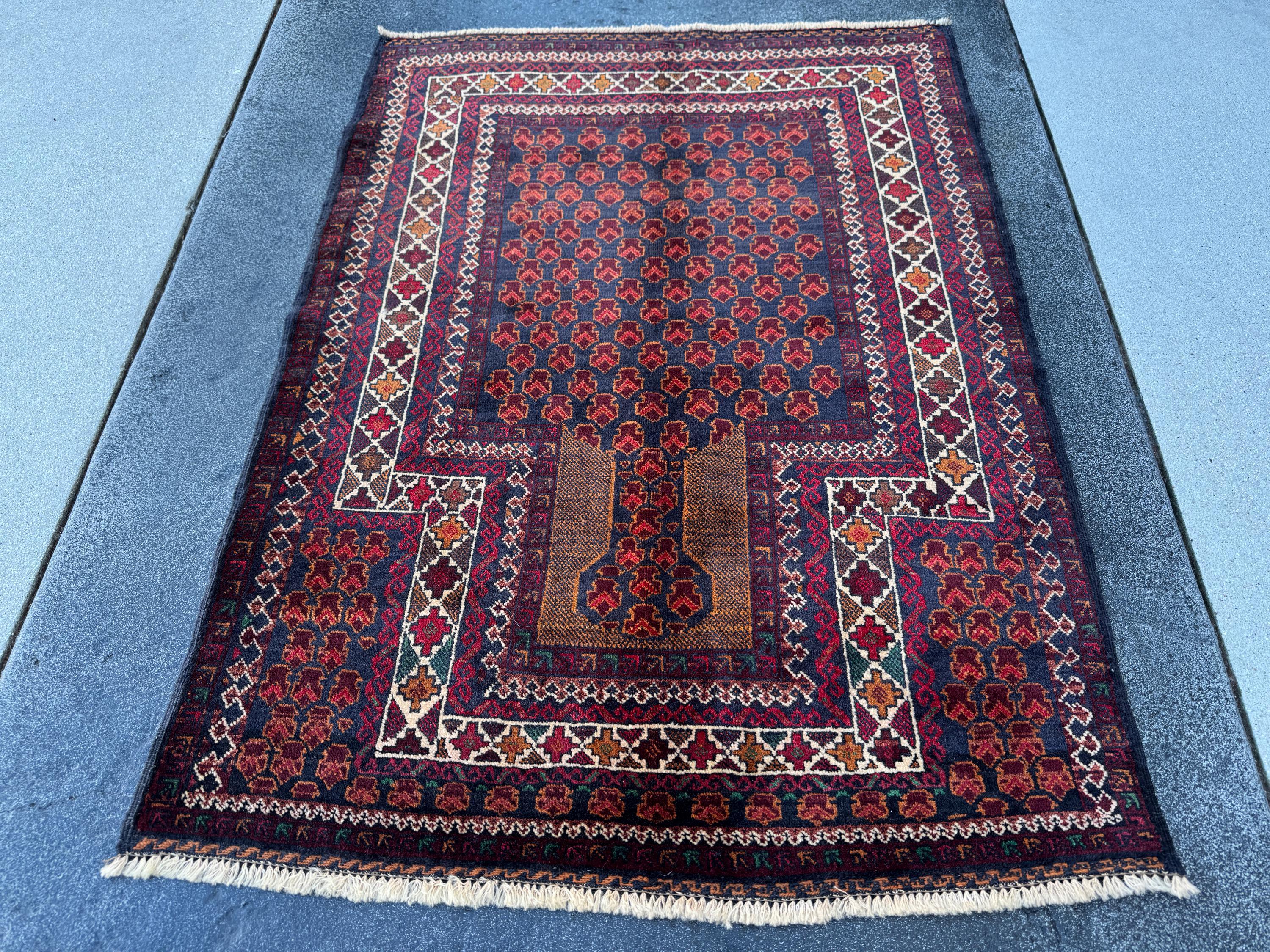 3x4 (91x121) Handmade Vintage Afghan Baluch Rug | Wine Burgundy Blood Auburn Red Gold Saffron Rust Orange Midnight Blue Brown White | Wool