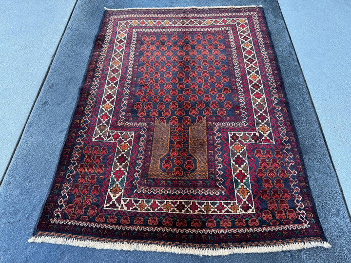 3x4 (91x121) Handmade Vintage Afghan Baluch Rug | Wine Burgundy Blood Auburn Red Gold Saffron Rust Orange Midnight Blue Brown White | Wool