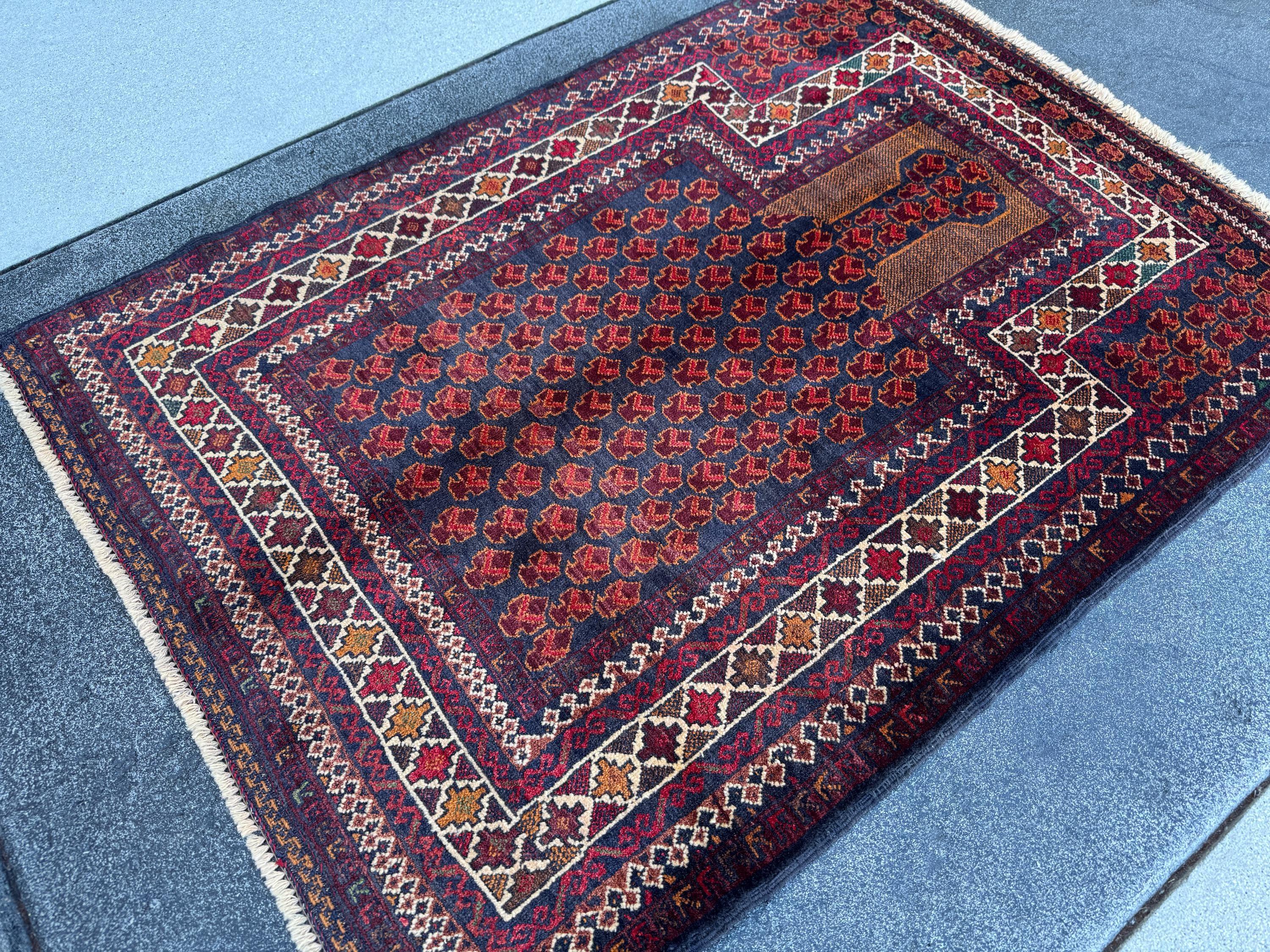 3x4 (91x121) Handmade Vintage Afghan Baluch Rug | Wine Burgundy Blood Auburn Red Gold Saffron Rust Orange Midnight Blue Brown White | Wool