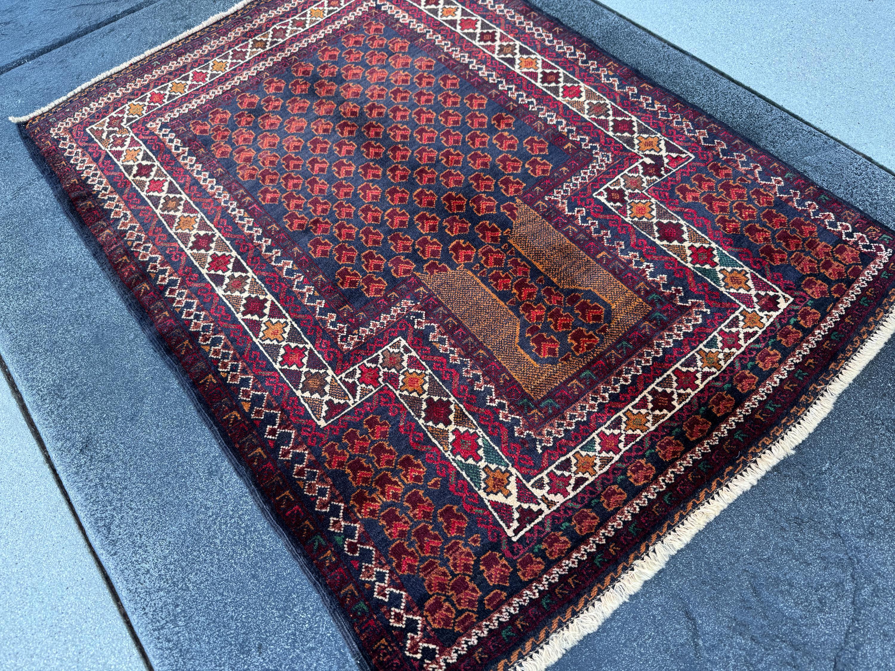 3x4 (91x121) Handmade Vintage Afghan Baluch Rug | Wine Burgundy Blood Auburn Red Gold Saffron Rust Orange Midnight Blue Brown White | Wool
