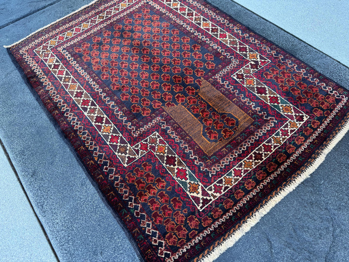 3x4 (91x121) Handmade Vintage Afghan Baluch Rug | Wine Burgundy Blood Auburn Red Gold Saffron Rust Orange Midnight Blue Brown White | Wool