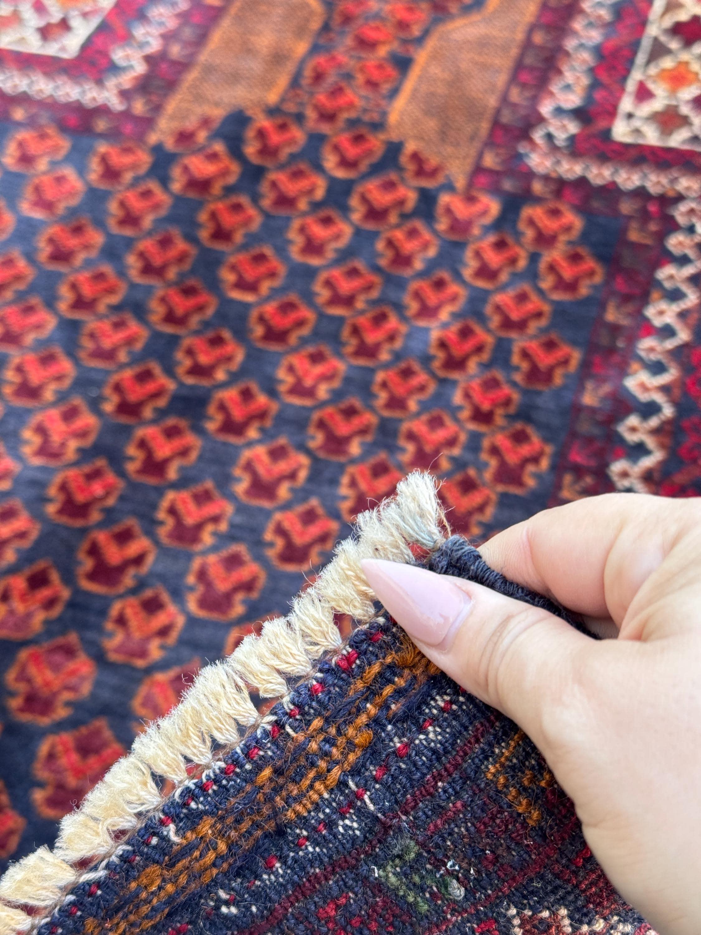 3x4 (91x121) Handmade Vintage Afghan Baluch Rug | Wine Burgundy Blood Auburn Red Gold Saffron Rust Orange Midnight Blue Brown White | Wool