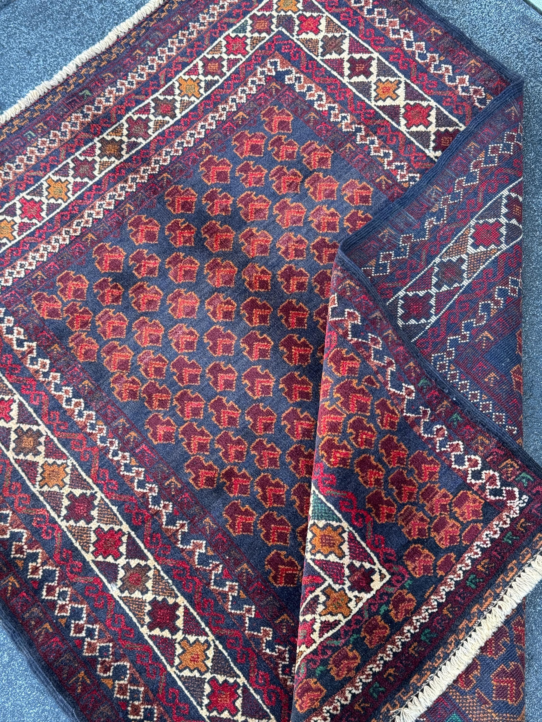 3x4 (91x121) Handmade Vintage Afghan Baluch Rug | Wine Burgundy Blood Auburn Red Gold Saffron Rust Orange Midnight Blue Brown White | Wool