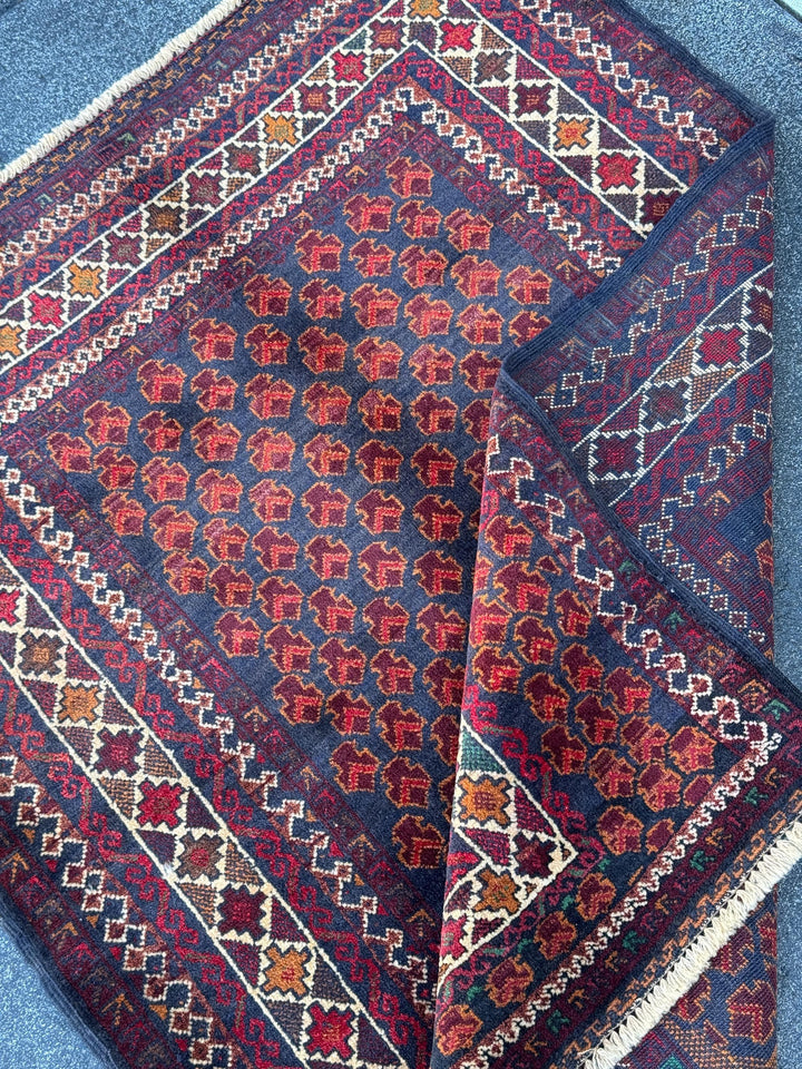 3x4 (91x121) Handmade Vintage Afghan Baluch Rug | Wine Burgundy Blood Auburn Red Gold Saffron Rust Orange Midnight Blue Brown White | Wool