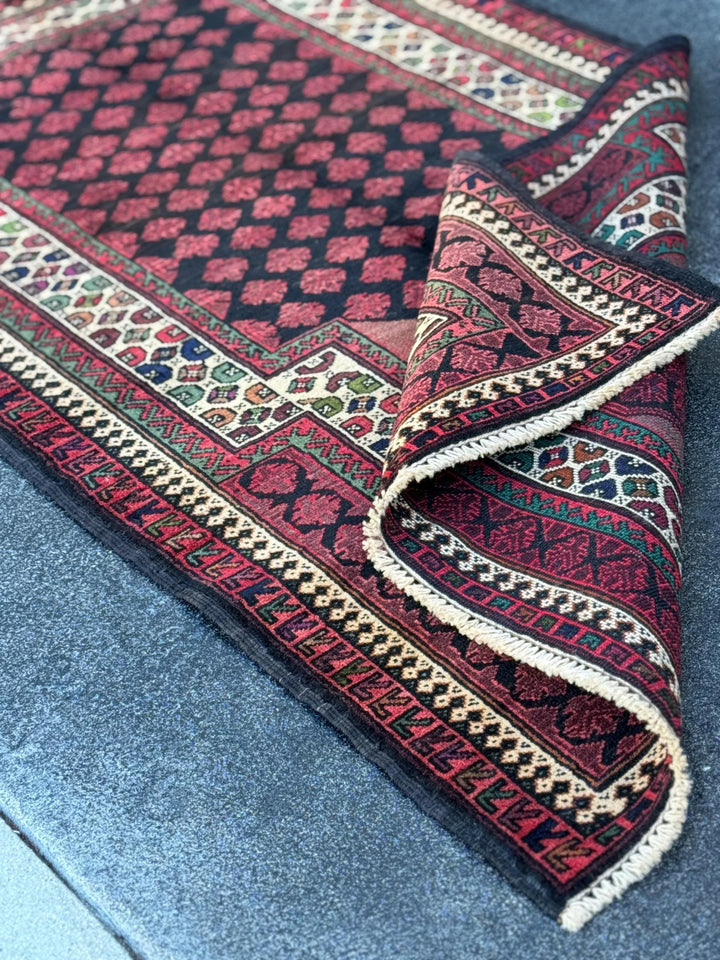 3x5 (91x152) Handmade Vintage Afghan Baluch Rug | Blood Brick Garnet Red Cream Sand Brown Forest Green Black Midnight Blue Wool Traditional