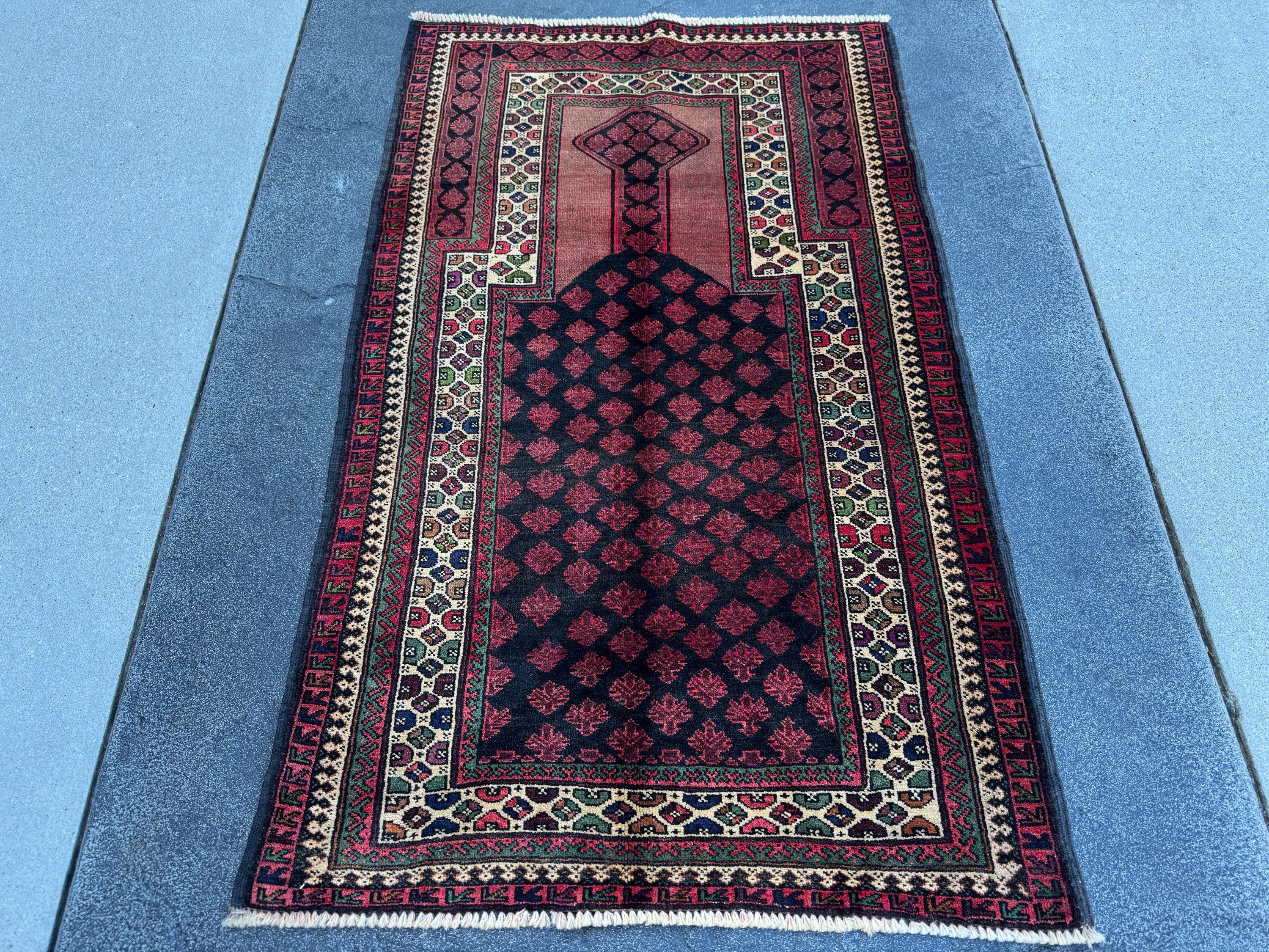 3x5 (91x152) Handmade Vintage Afghan Baluch Rug | Blood Brick Garnet Red Cream Sand Brown Forest Green Black Midnight Blue Wool Traditional
