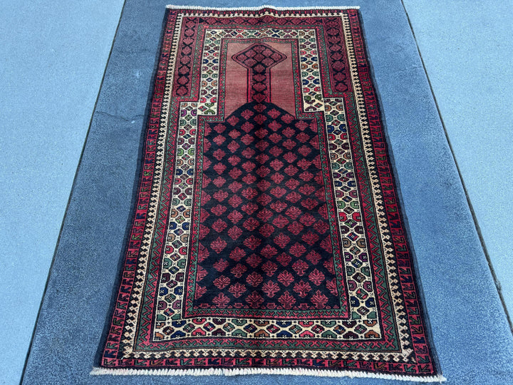 3x5 (91x152) Handmade Vintage Afghan Baluch Rug | Blood Brick Garnet Red Cream Sand Brown Forest Green Black Midnight Blue Wool Traditional