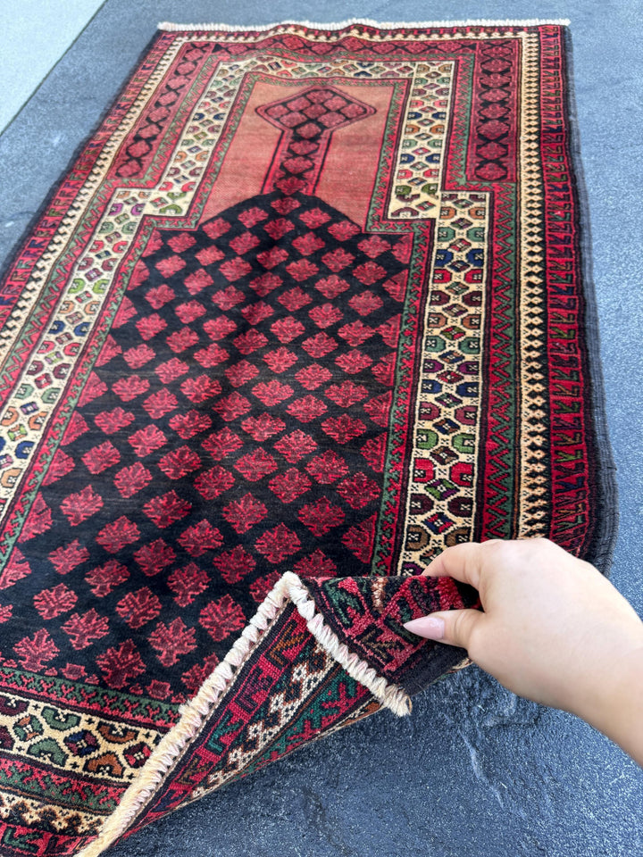 3x5 (91x152) Handmade Vintage Afghan Baluch Rug | Blood Brick Garnet Red Cream Sand Brown Forest Green Black Midnight Blue Wool Traditional