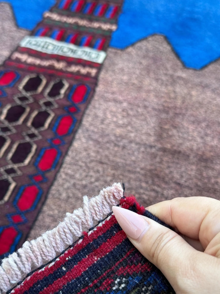 3x4-5 (91x152) Handmade Vintage Afghan Baluch Rug | Blue Royal Denim Taupe Grey Crimson Blood Red Cream Sand White Forest Olive Moss Green