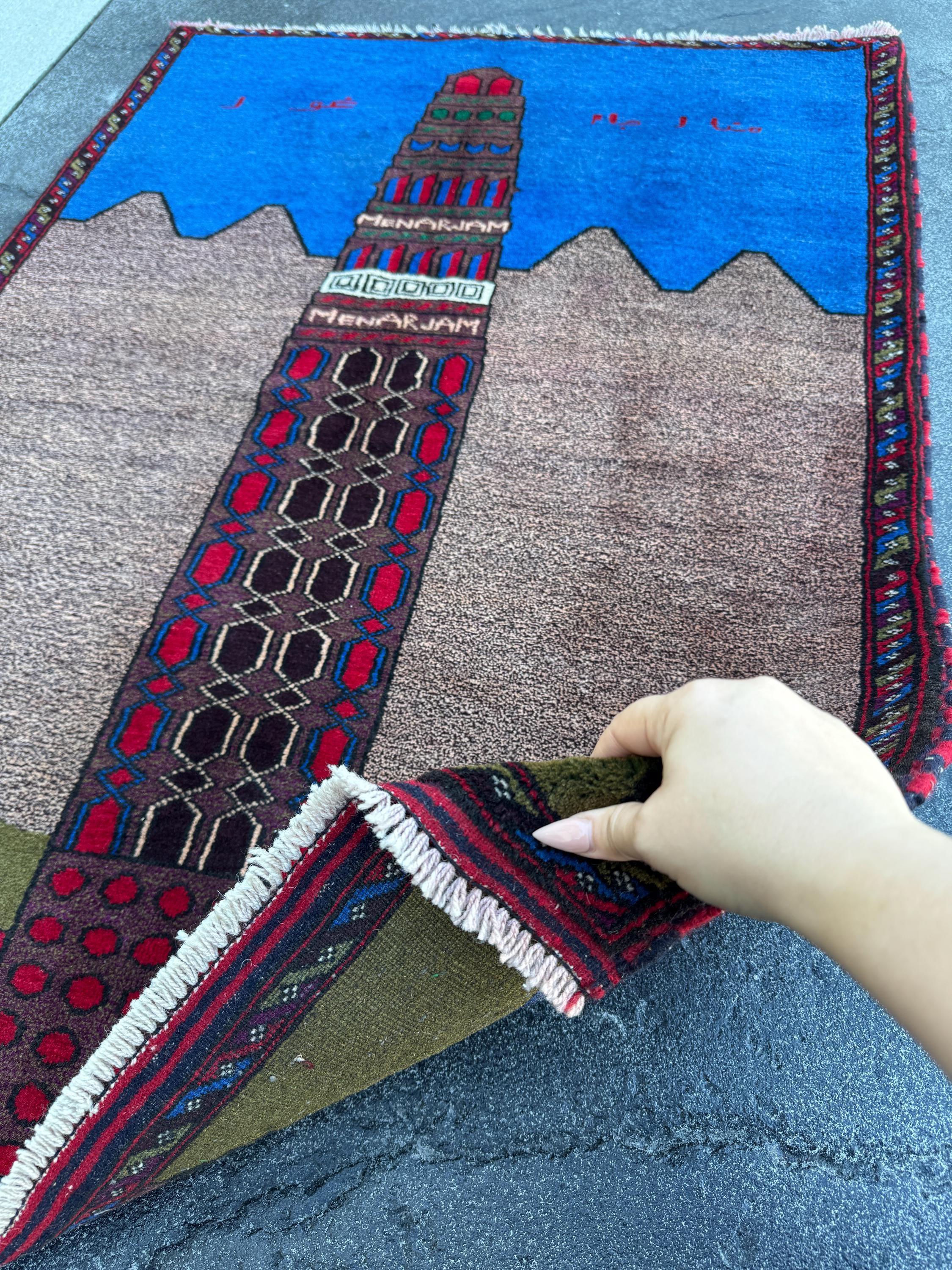 3x4-5 (91x152) Handmade Vintage Afghan Baluch Rug | Blue Royal Denim Taupe Grey Crimson Blood Red Cream Sand White Forest Olive Moss Green