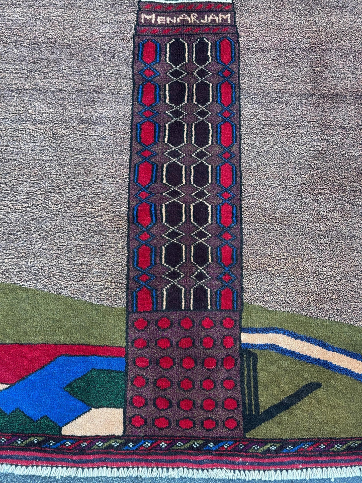 3x4-5 (91x152) Handmade Vintage Afghan Baluch Rug | Blue Royal Denim Taupe Grey Crimson Blood Red Cream Sand White Forest Olive Moss Green