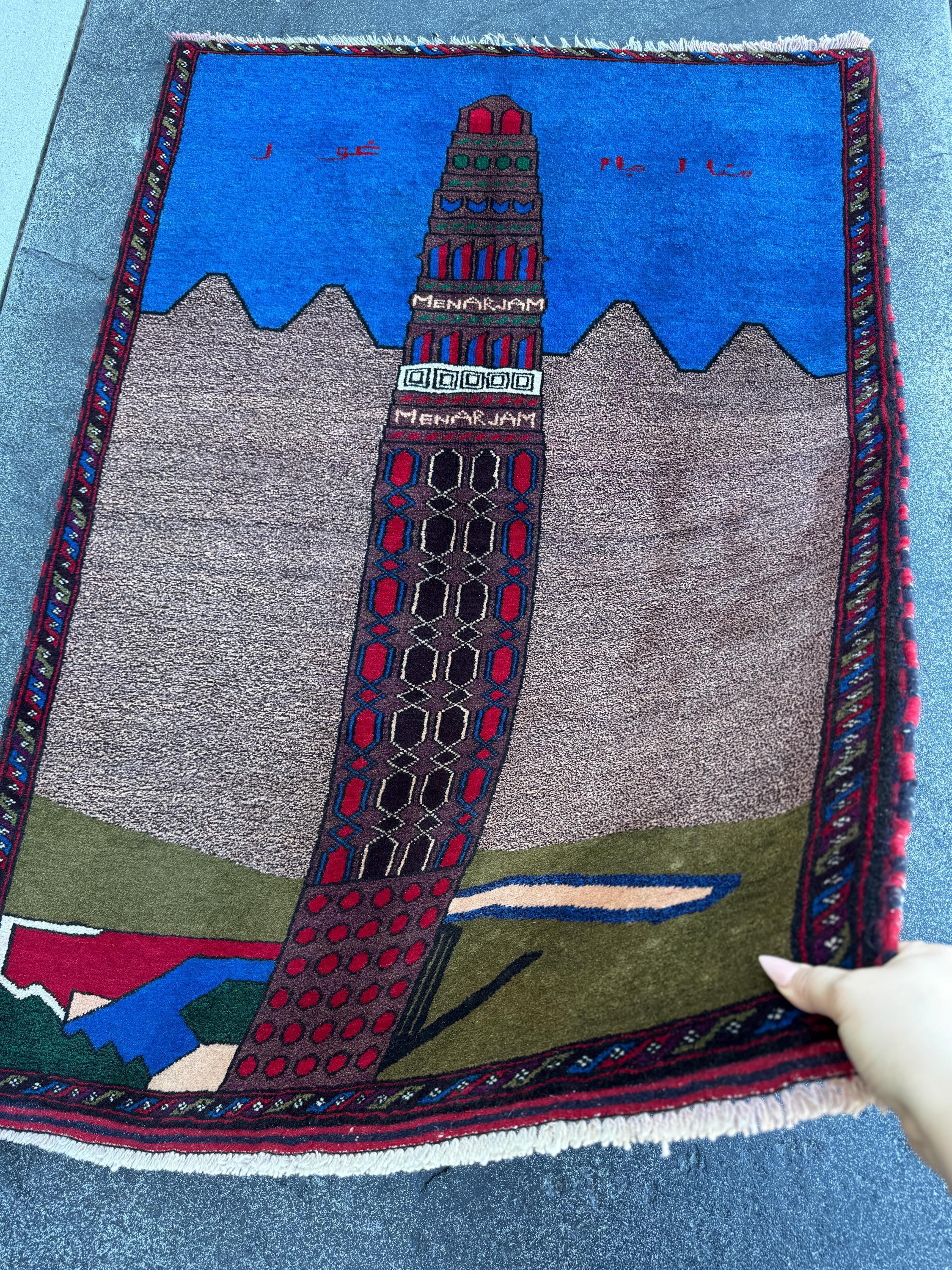 3x4-5 (91x152) Handmade Vintage Afghan Baluch Rug | Blue Royal Denim Taupe Grey Crimson Blood Red Cream Sand White Forest Olive Moss Green
