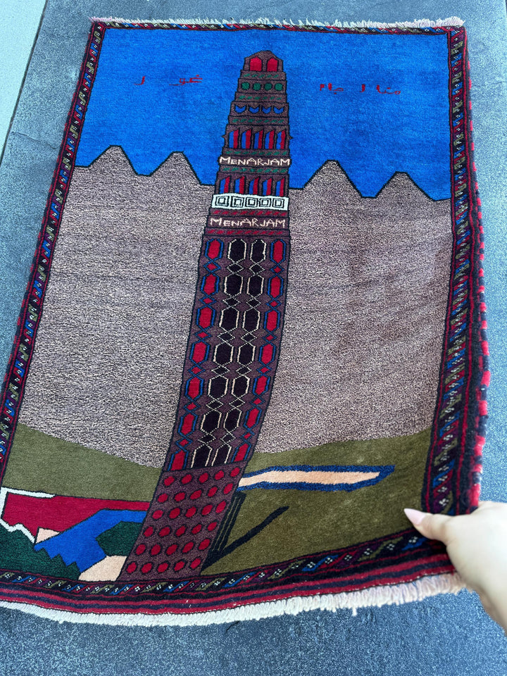 3x4-5 (91x152) Handmade Vintage Afghan Baluch Rug | Blue Royal Denim Taupe Grey Crimson Blood Red Cream Sand White Forest Olive Moss Green