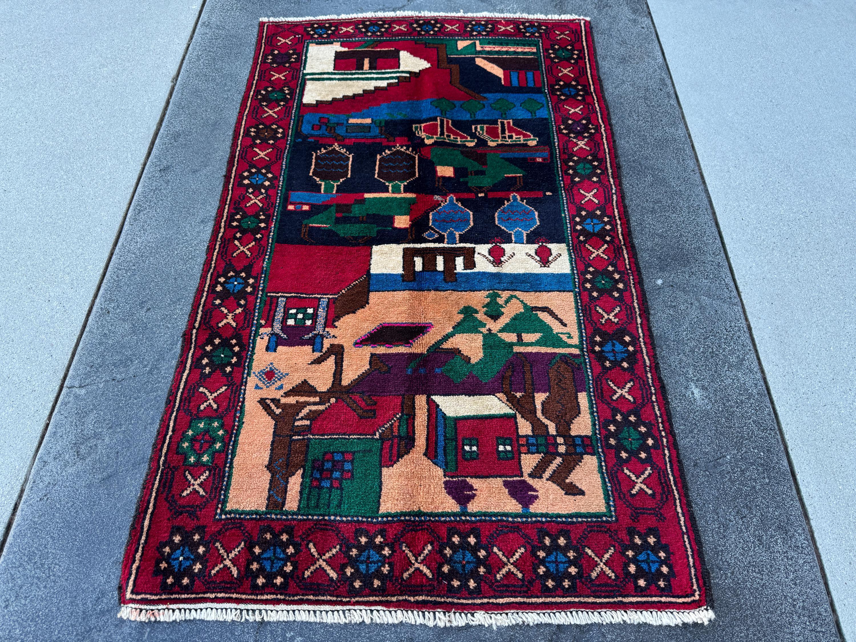 3x5 (91x152) Handmade Vintage Afghan Baluch Rug | Blood Red Eggplant Purple Denim Blud Peach Orange Fuchsia Pink Forest Green Cream White