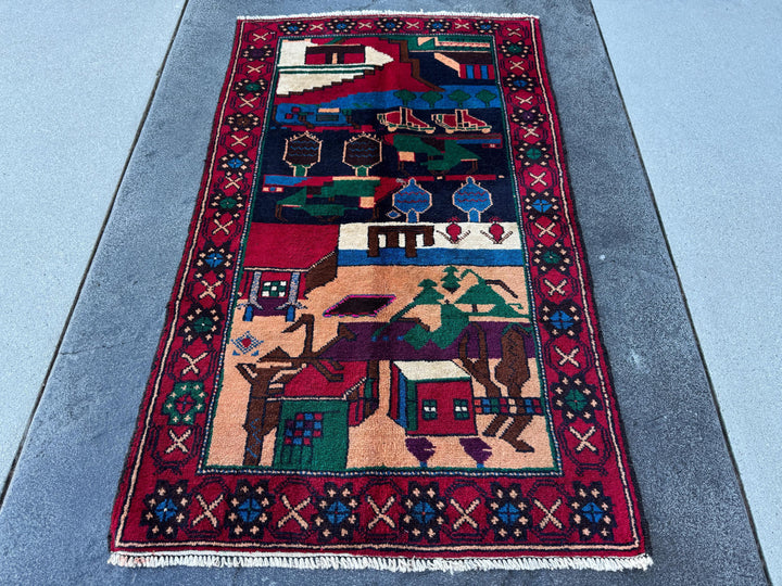 3x5 (91x152) Handmade Vintage Afghan Baluch Rug | Blood Red Eggplant Purple Denim Blud Peach Orange Fuchsia Pink Forest Green Cream White