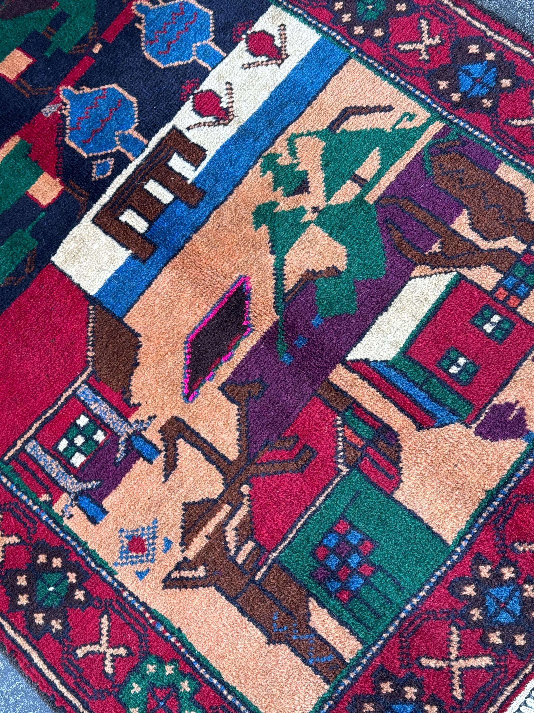 3x5 (91x152) Handmade Vintage Afghan Baluch Rug | Blood Red Eggplant Purple Denim Blud Peach Orange Fuchsia Pink Forest Green Cream White