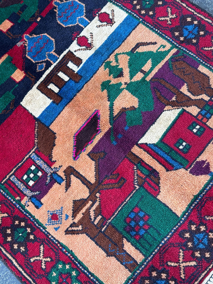 3x5 (91x152) Handmade Vintage Afghan Baluch Rug | Blood Red Eggplant Purple Denim Blud Peach Orange Fuchsia Pink Forest Green Cream White