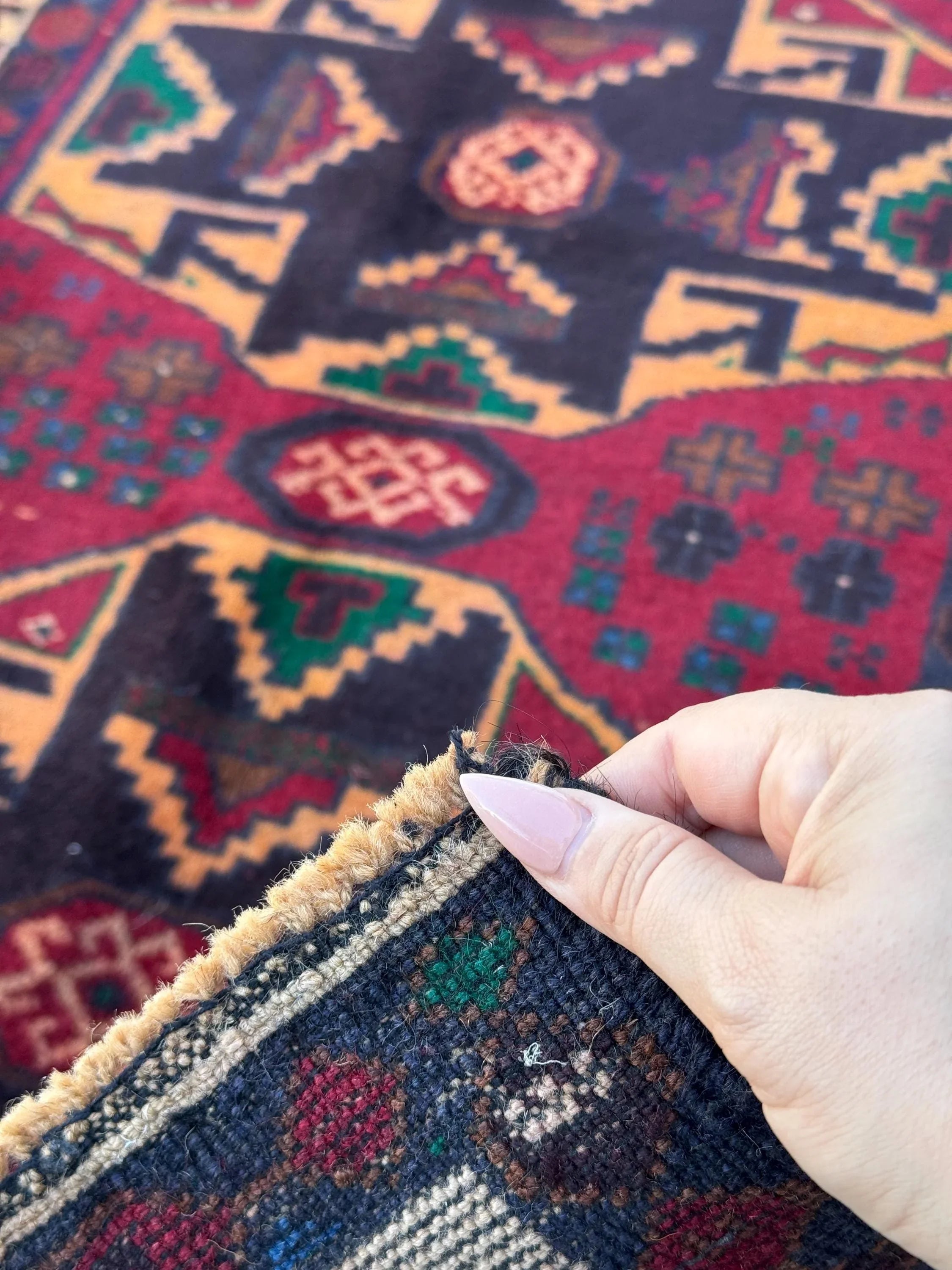 3x4 (91x121) Handmade Vintage Afghan Baluch Rug | Blood Auburn Red Gold Peach Orange Cream Black Midnight Denim Blue Forest Green Brown