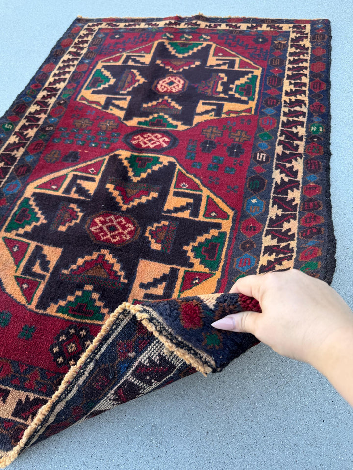 3x4 (91x121) Handmade Vintage Afghan Baluch Rug | Blood Auburn Red Gold Peach Orange Cream Black Midnight Denim Blue Forest Green Brown