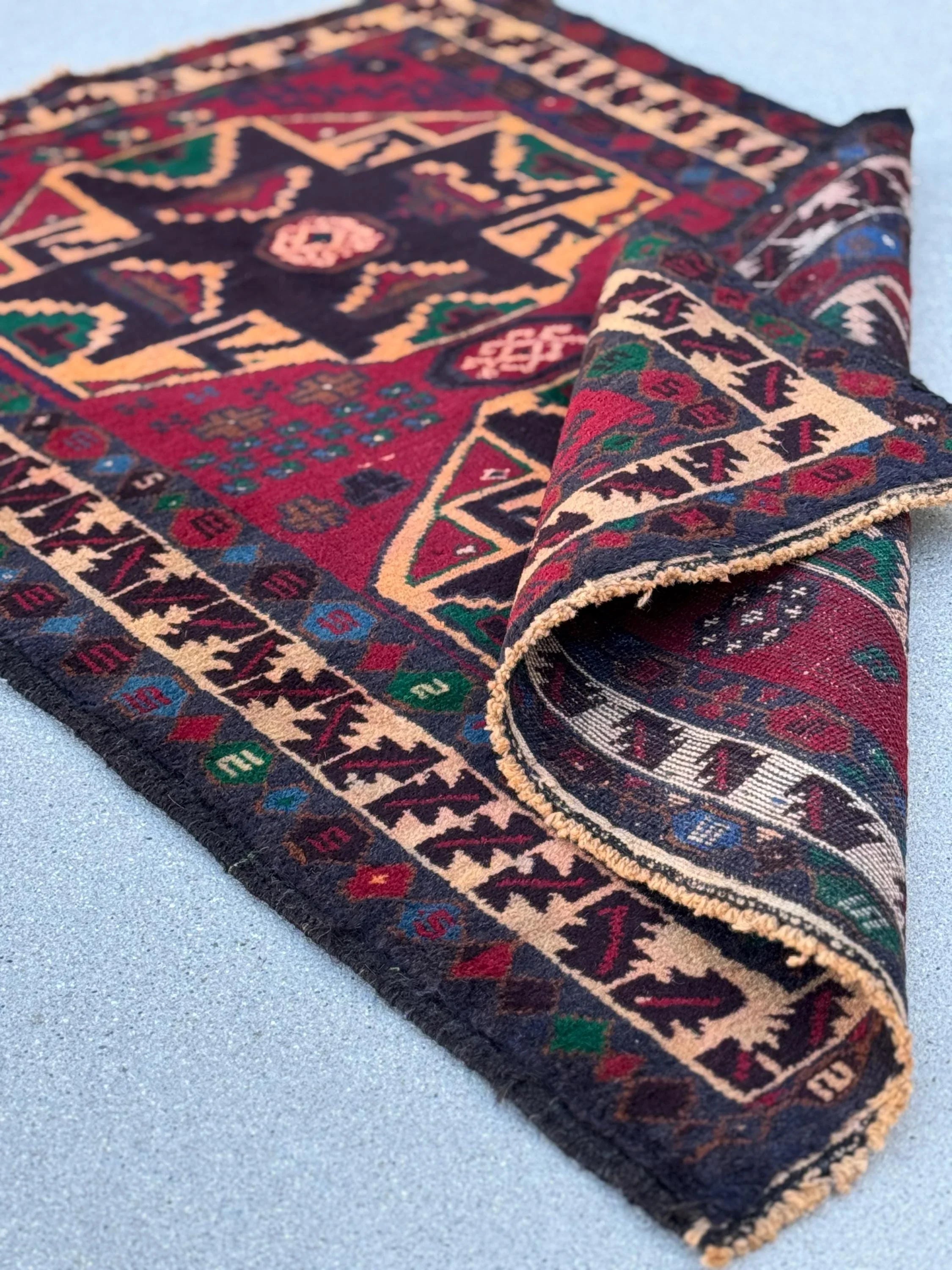3x4 (91x121) Handmade Vintage Afghan Baluch Rug | Blood Auburn Red Gold Peach Orange Cream Black Midnight Denim Blue Forest Green Brown