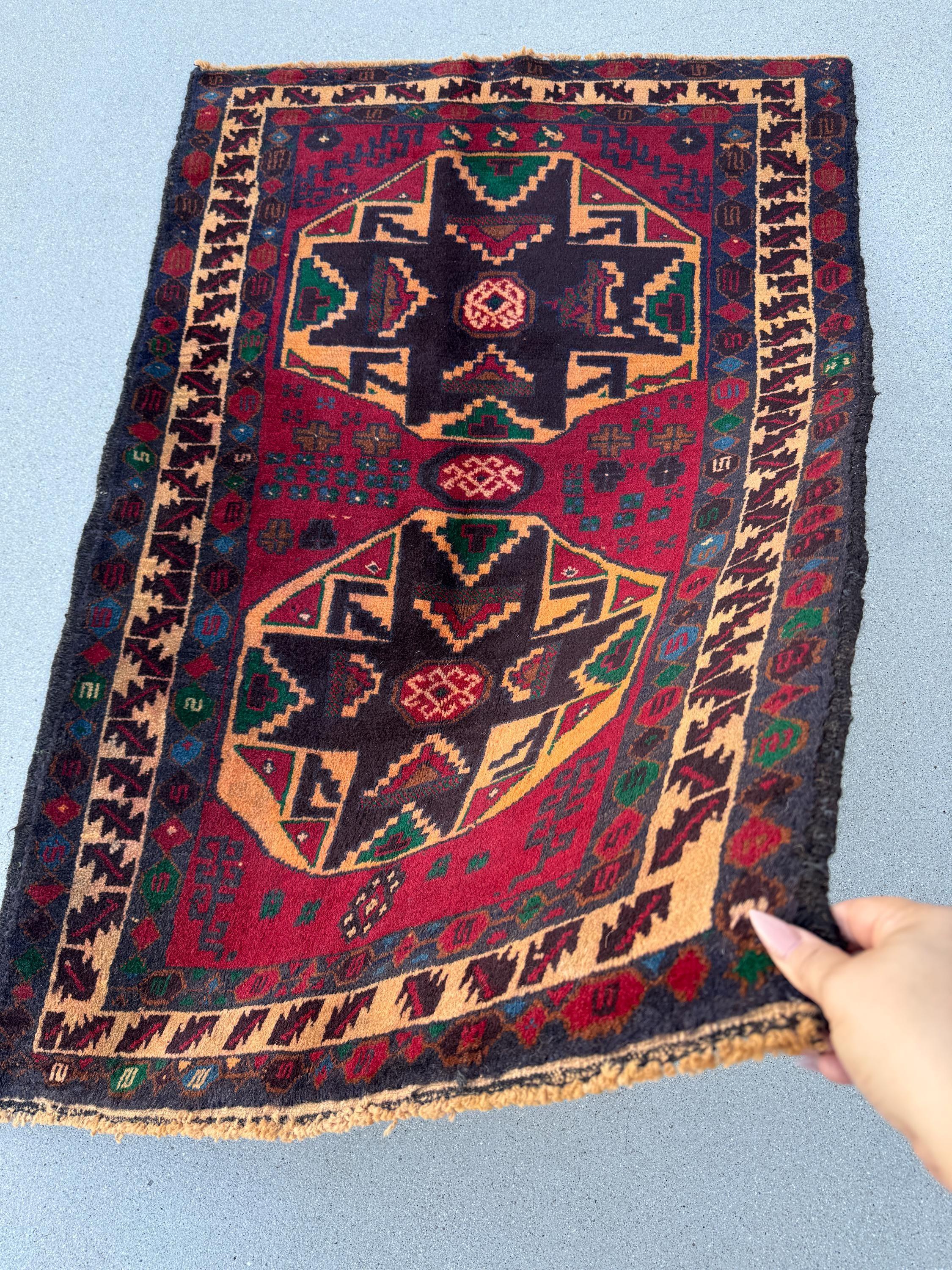 3x4 (91x121) Handmade Vintage Afghan Baluch Rug | Blood Auburn Red Gold Peach Orange Cream Black Midnight Denim Blue Forest Green Brown