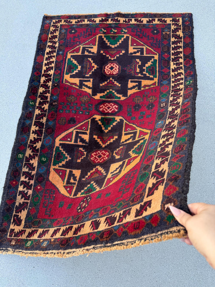 3x4 (91x121) Handmade Vintage Afghan Baluch Rug | Blood Auburn Red Gold Peach Orange Cream Black Midnight Denim Blue Forest Green Brown