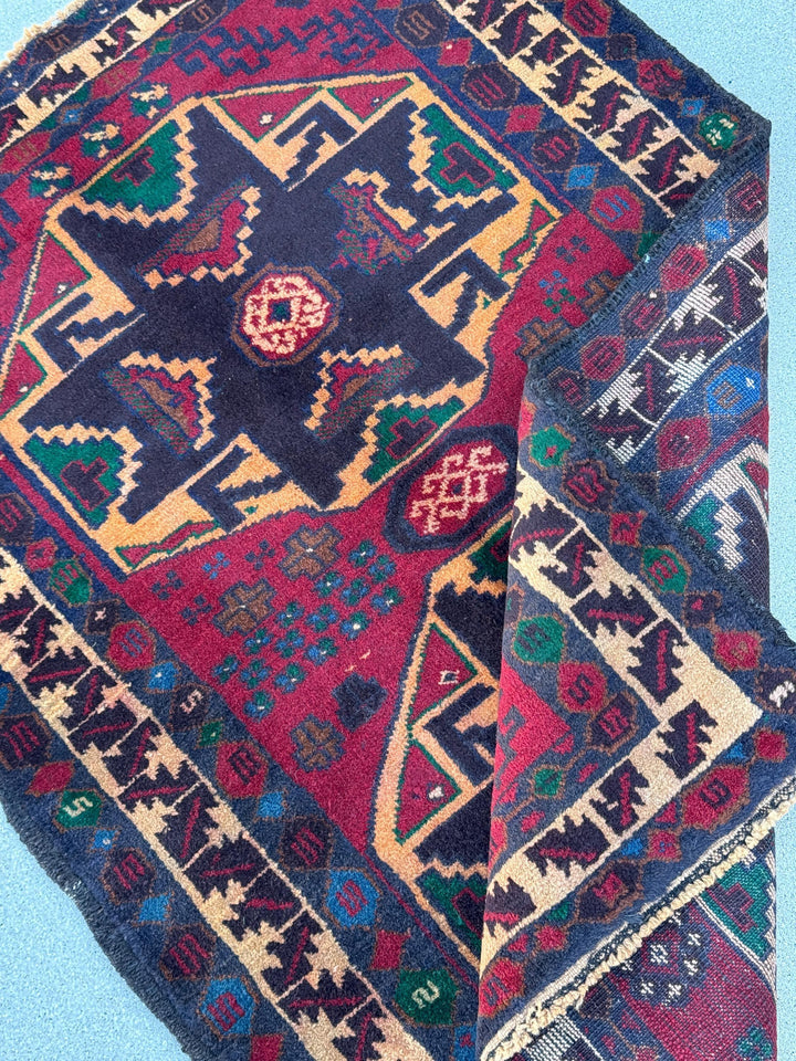 3x4 (91x121) Handmade Vintage Afghan Baluch Rug | Blood Auburn Red Gold Peach Orange Cream Black Midnight Denim Blue Forest Green Brown